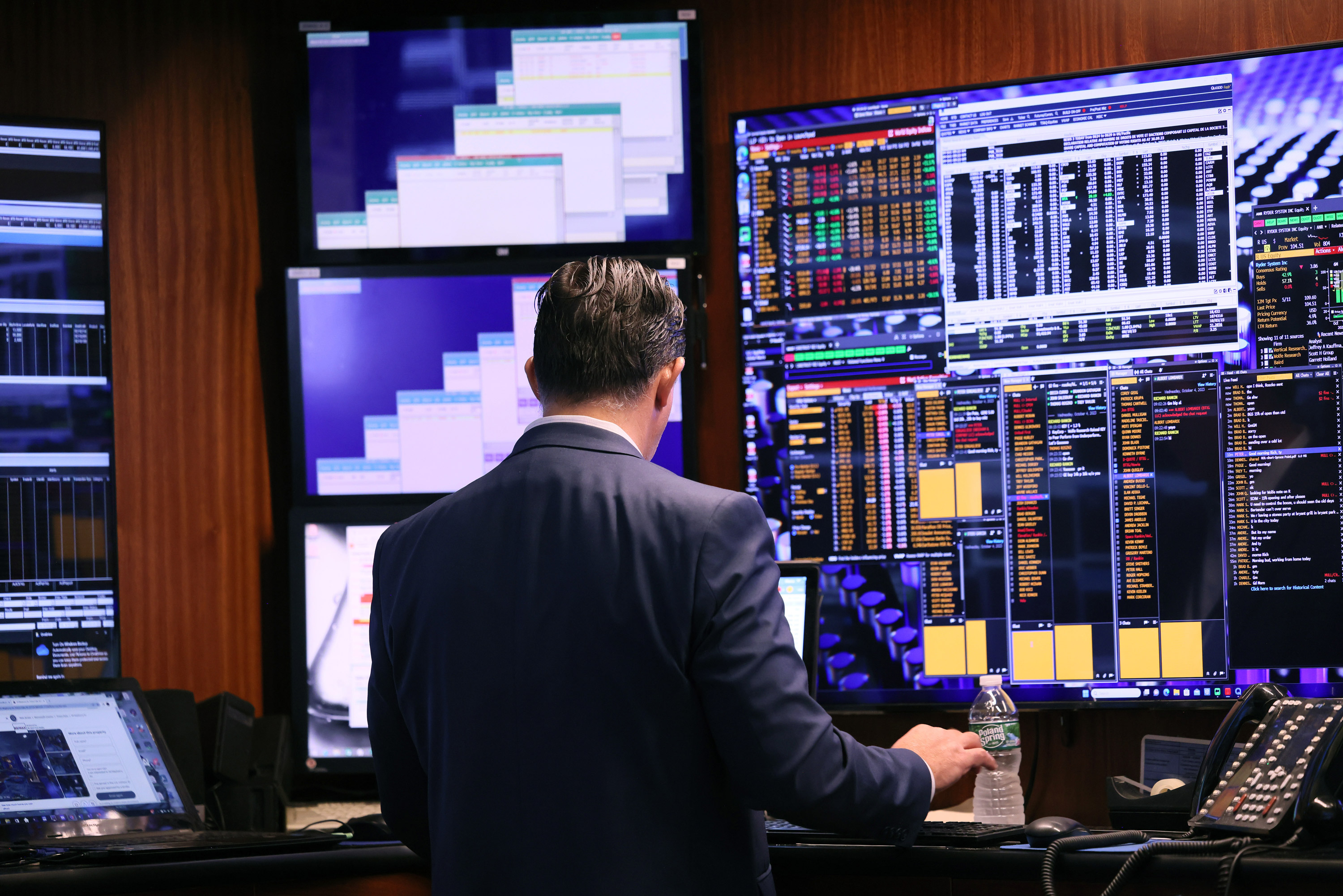 Traders work on the floor of the New York Stock Exchange during morning trading on October 4, 2023 in New York City.