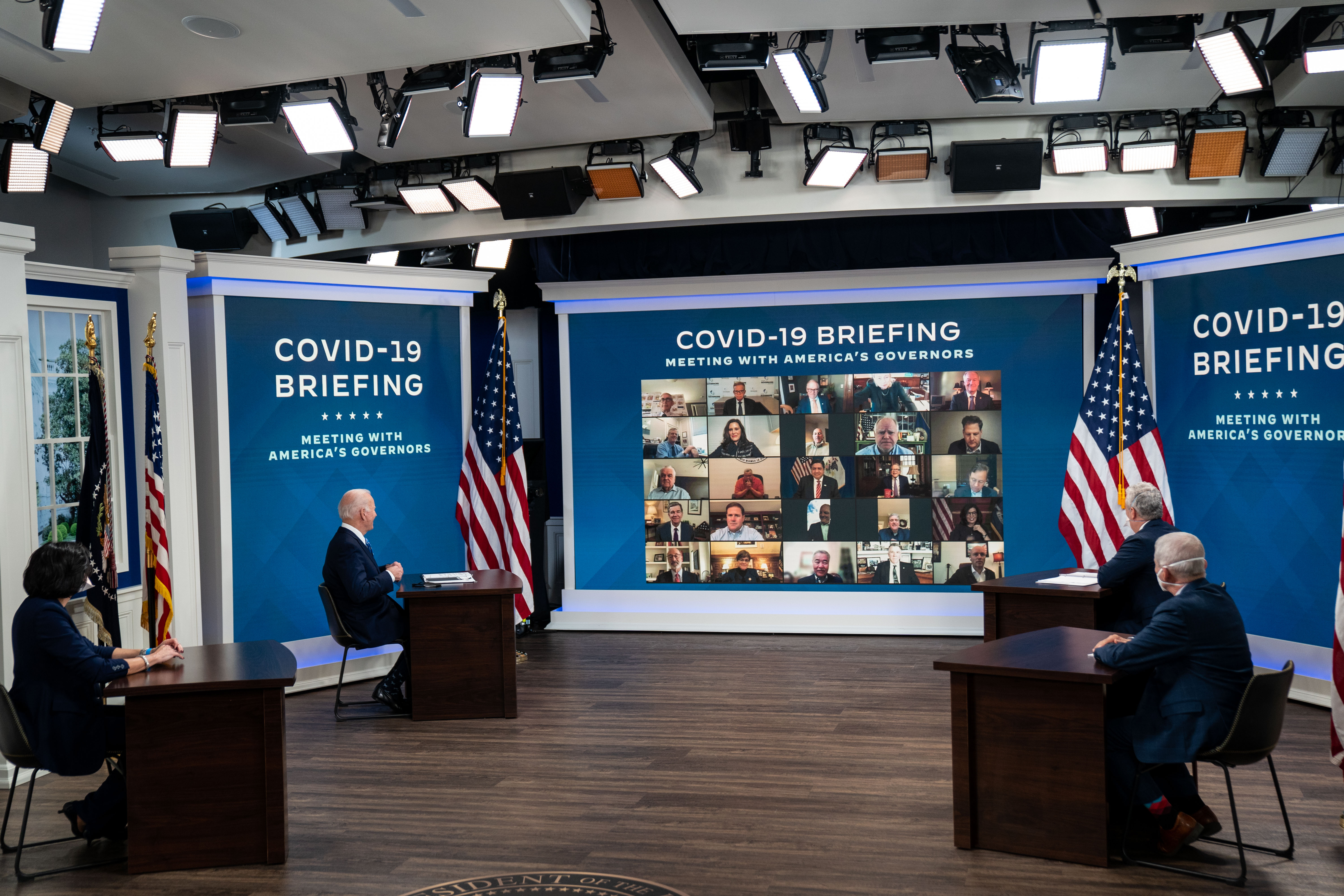 President Joe Biden and the White House COVID-19 Response Team participate in a virtual call with the National Governors Association from the South Court Auditorium of the Eisenhower Executive Office Building of the White House Complex on Monday, Dec. 27, 2021 in Washington, DC. President Biden spoke to governors about their concerns regarding the Omicron variant of the Coronavirus and the need for more COVID-19 tests. 