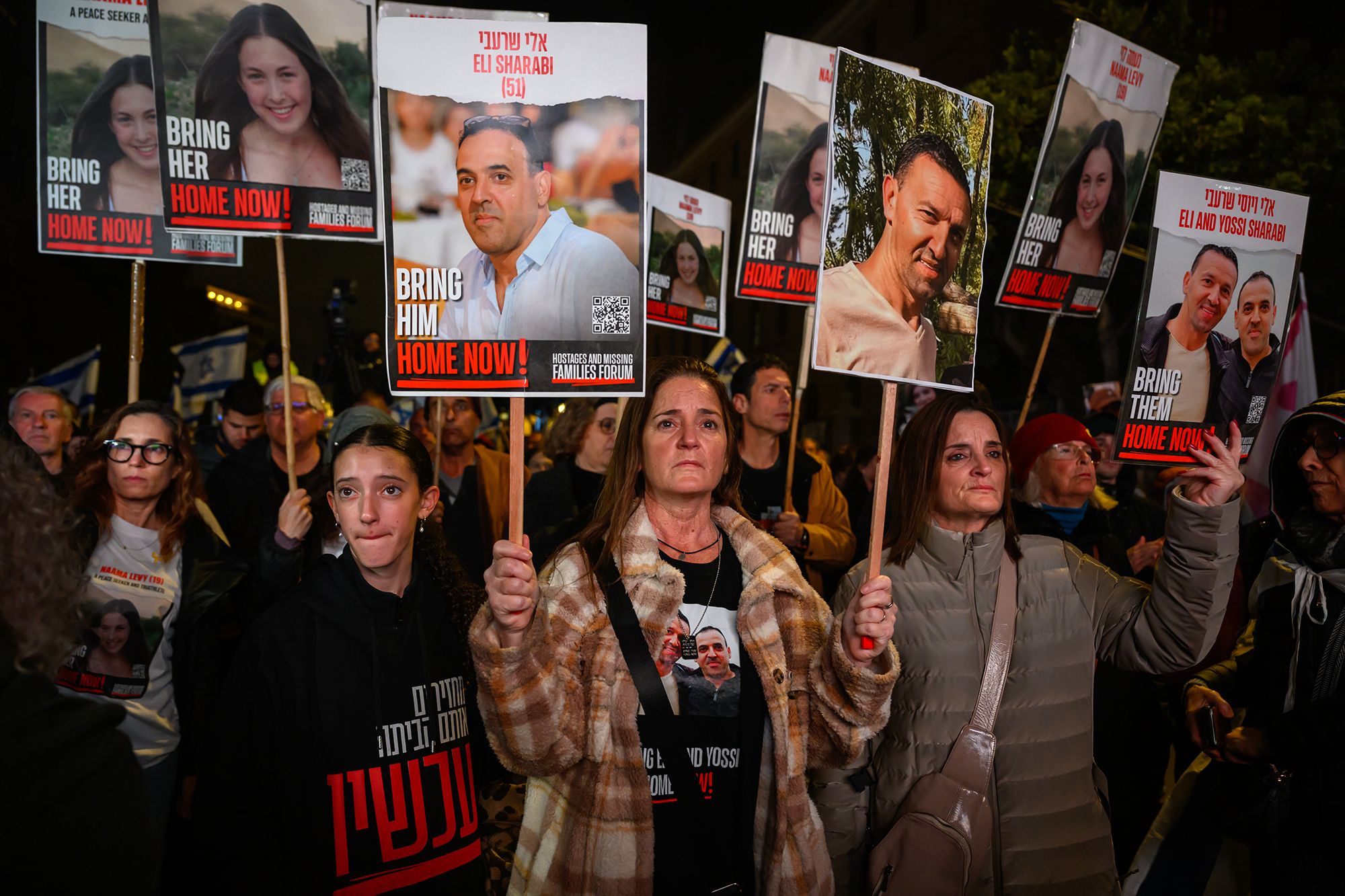 The families of hostages and their supporters participate in the 'United for the Release the Hostages' Rally in Paris Square after completing the four day march on March 2, in Jerusalem. 