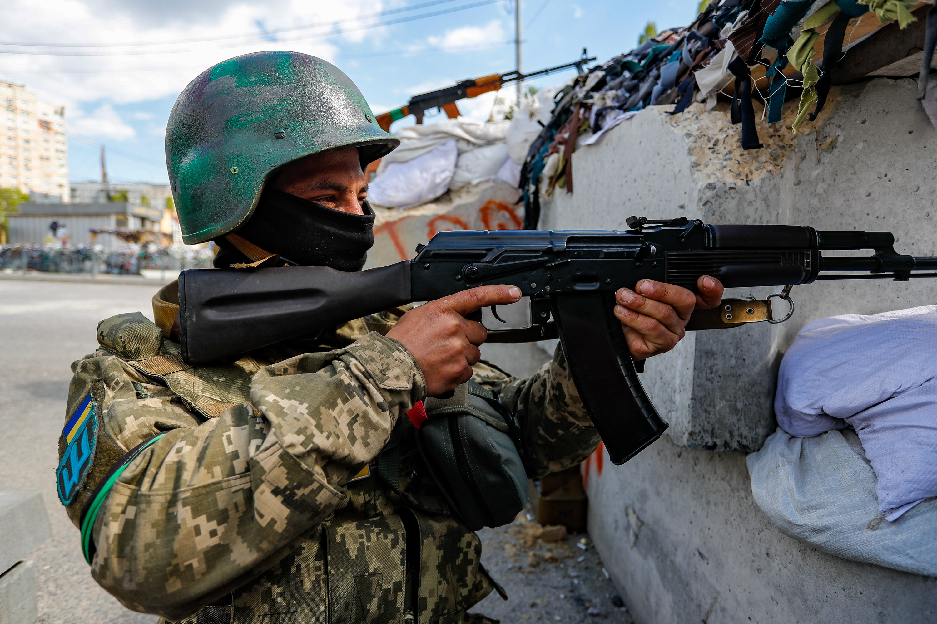 A Ukrainian soldier patrols an undisclosed location in Kharkiv, Ukraine, on May 2.