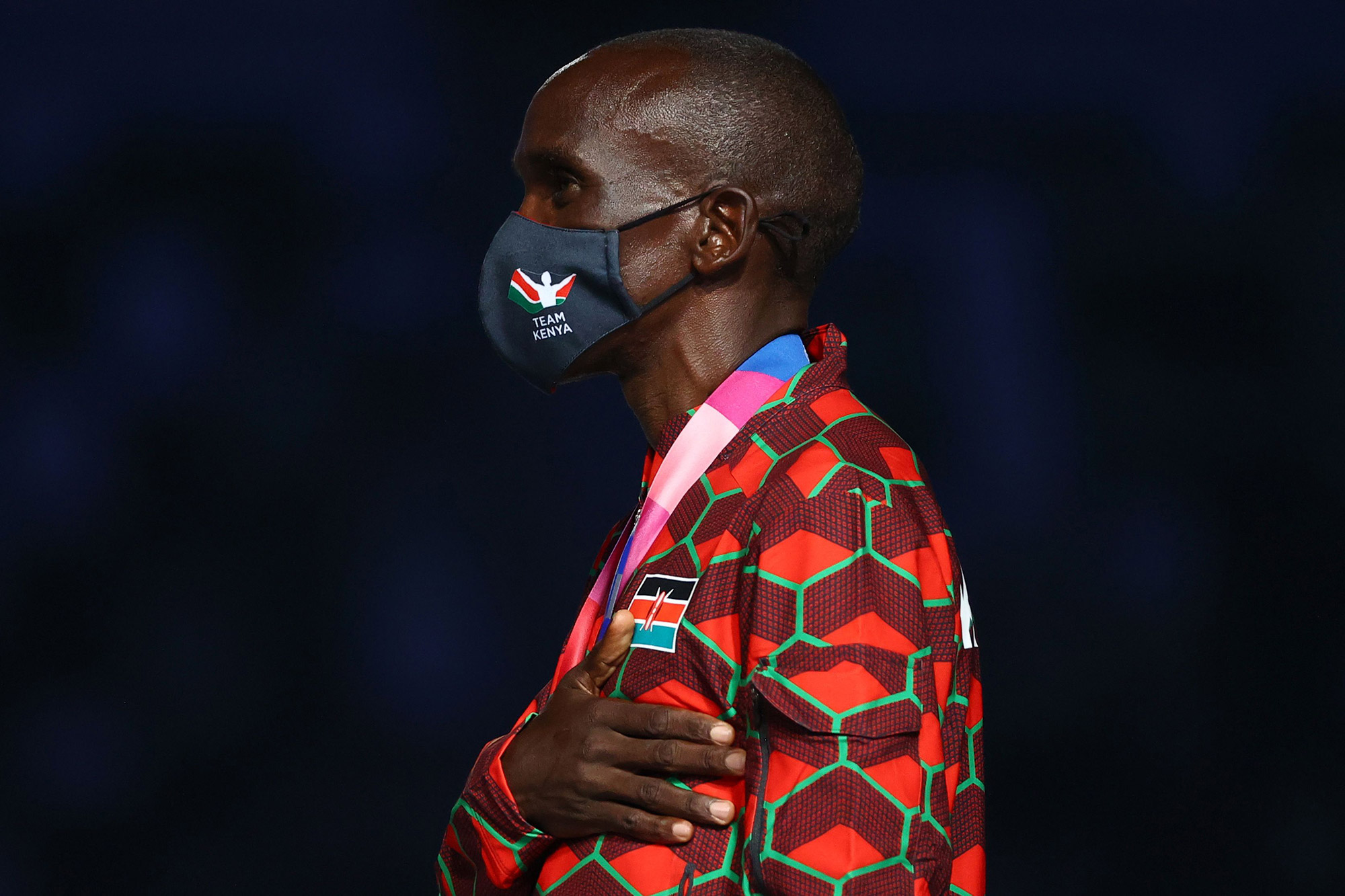 Kenya's Eliud Kipchoge, who won the gold medal in the marathon, listens as his country's National Anthem is played during his medal ceremony on August 8. The medal ceremonies for both the men's and women's marathon took place during the closing ceremony. And that meant two playings of the Kenyan National Anthem, as Kenya's Peres Jepchirchir won gold in the women's event.