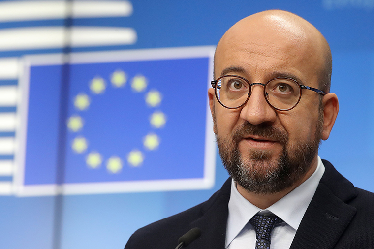 European Council President Charles Michel gives a press conference at the end of the first day of a two-days video conference of the Members of the European Council on the Covid-19 pandemic, in Brussels, on Thursday, February 25.