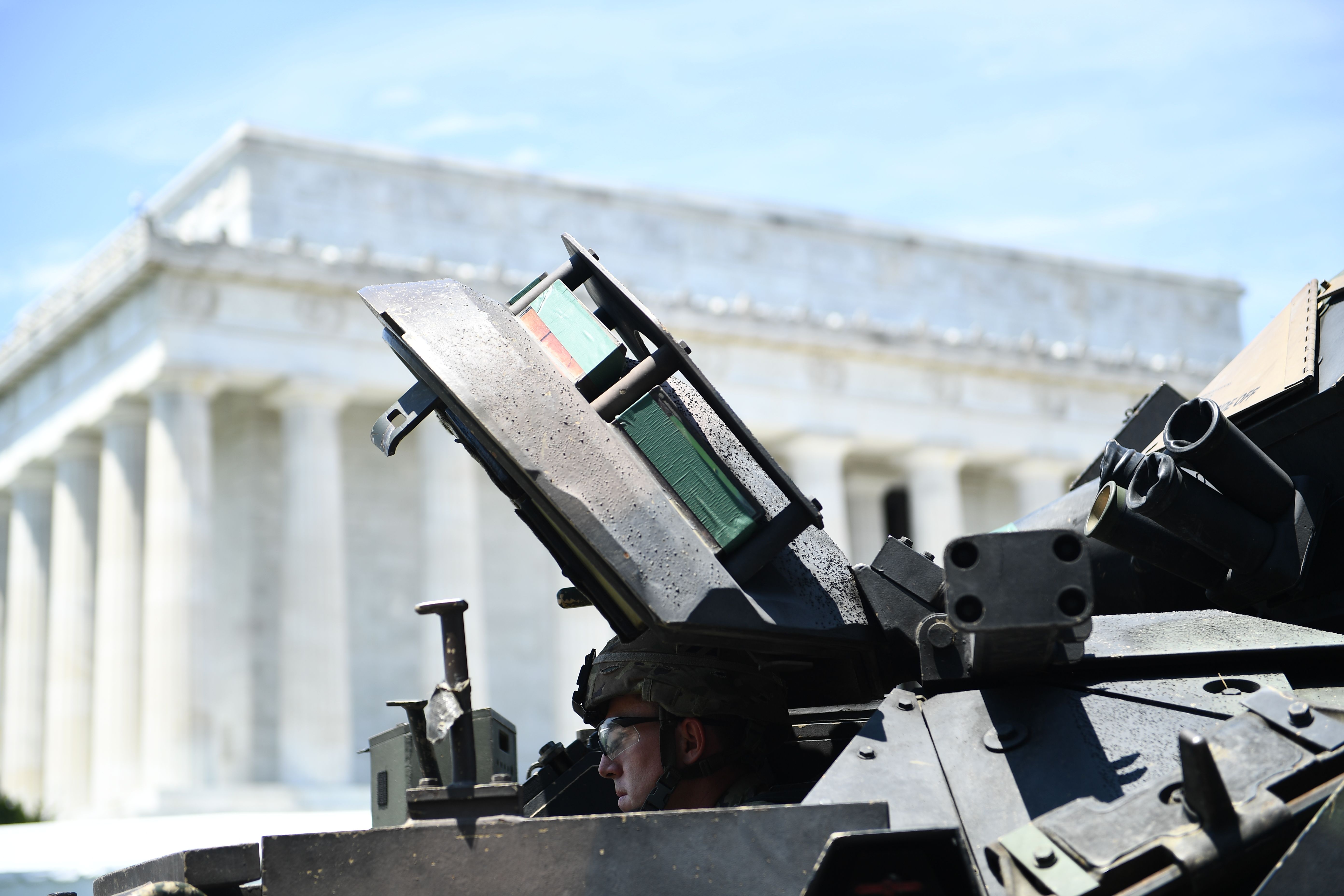A Bradley Fighting Vehicle arrives July 3, 2019 as preparations are made for the "Salute to America" at the Lincoln Memorial on the National Mall in Washington, DC. 