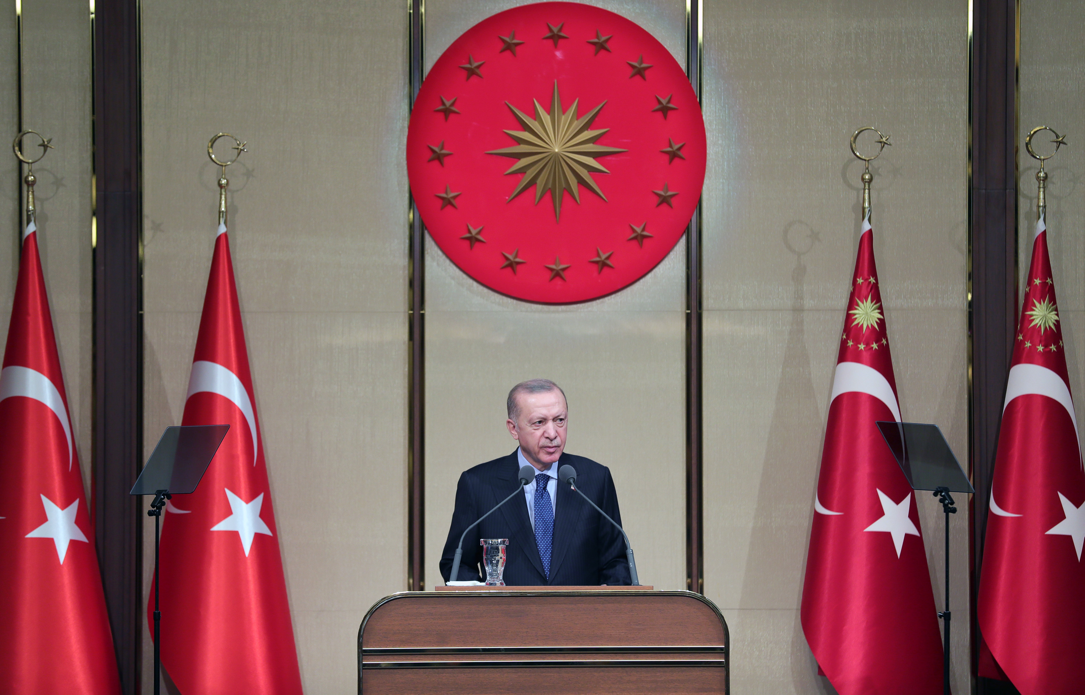 Turkish President Recep Tayyip Erdogan makes a speech as he receives the delegation of the International Union of Democrats in Ankara, Turkey, on February 24.