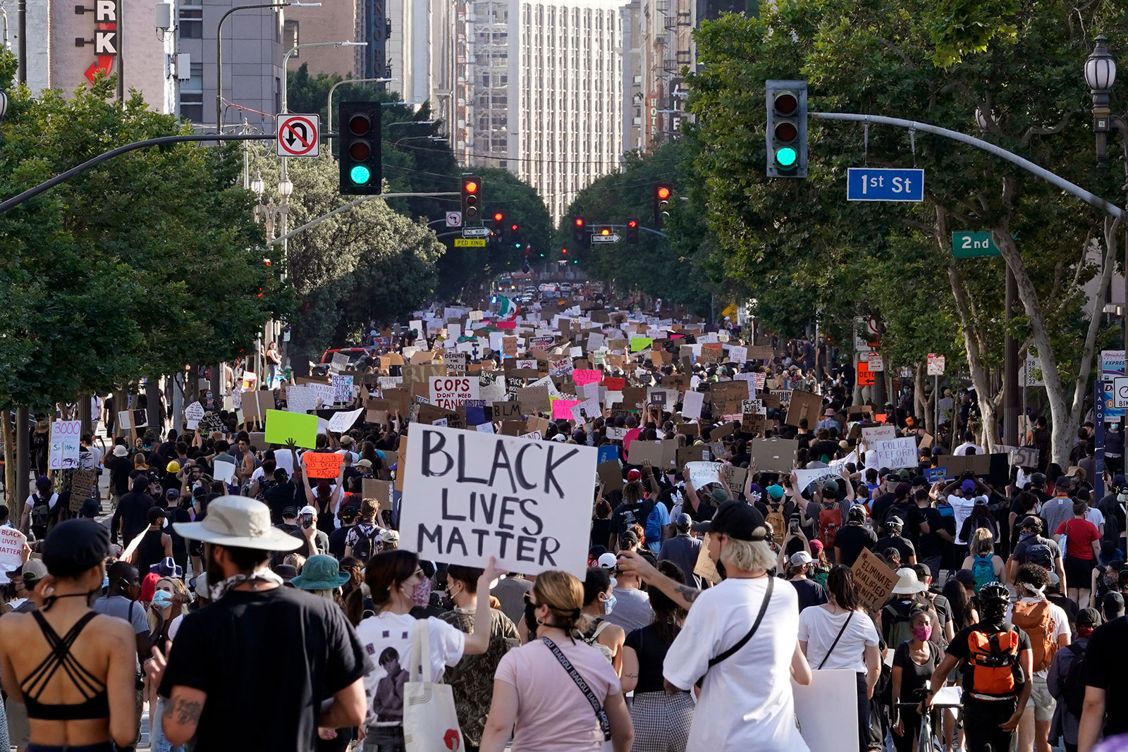 Protesters march through downtown Los Angeles on June 3.