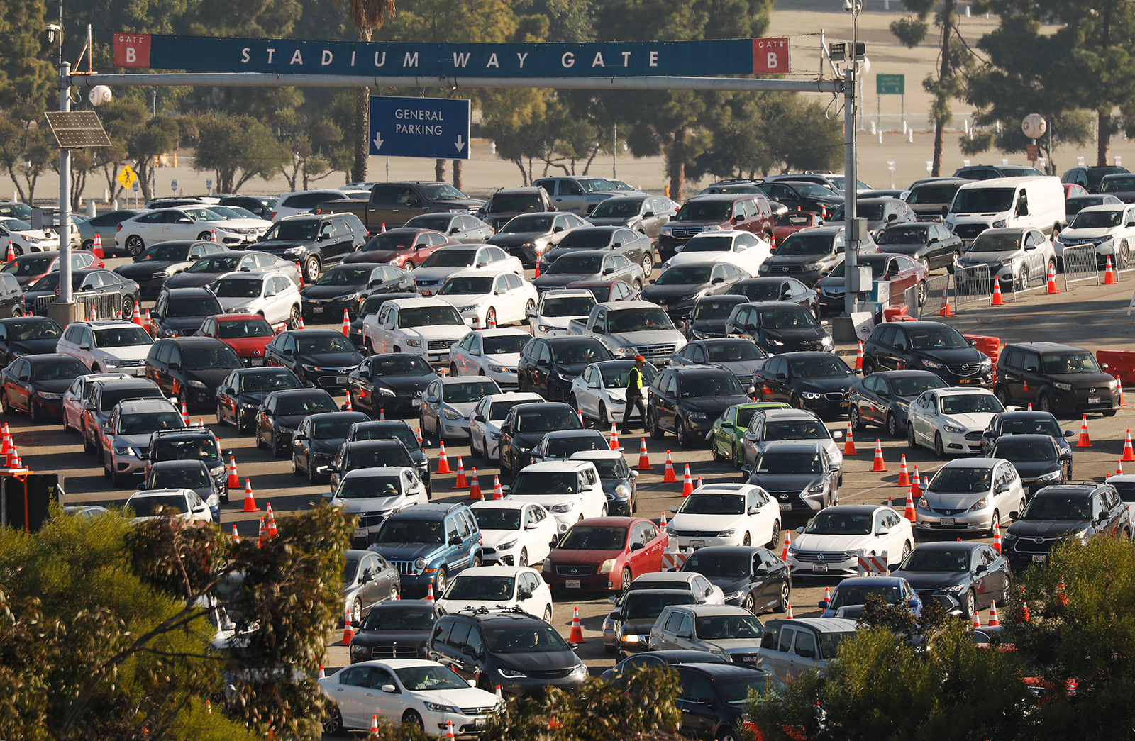 Cars line up at the Dodger Stadium Covid-19 testing site in Los Angeles, on January 5.