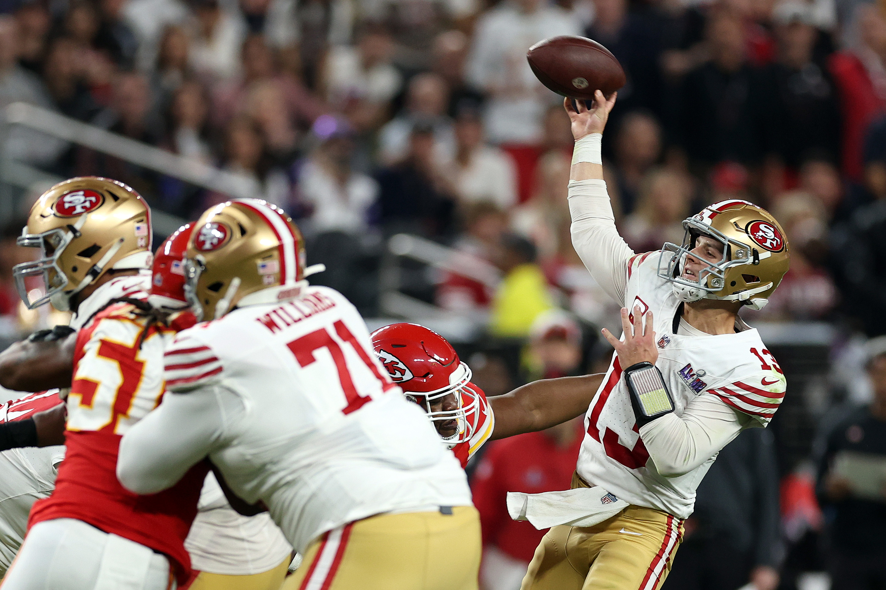 Brock Purdy of the San Francisco 49ers throws a pass during the fourth quarter.