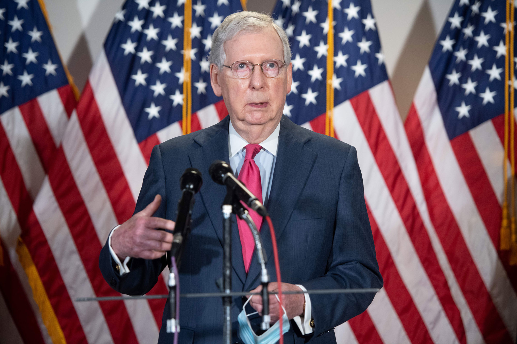 US Senate Majority Leader Mitch McConnell, Republican of Kentucky, speaks to the media following the weekly Republican Senate policy luncheon on Capitol Hill in Washington on May 19.