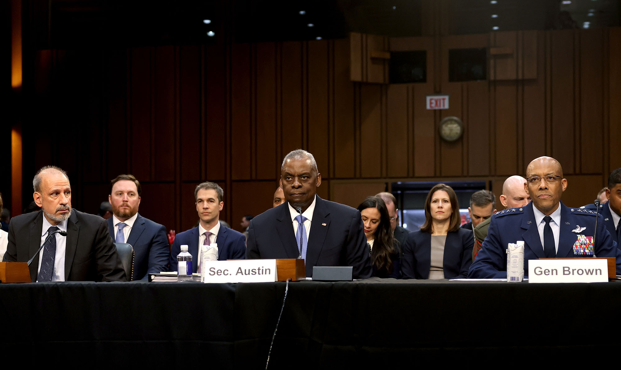 Michael McCord, comptroller of the Pentagon, from left, Lloyd Austin, US secretary of defense, center, and Charles Q. Brown Jr., chairman of the Joint Chiefs of Staff, attend a Senate Armed Services Committee hearing in Washington, D.C., on April 9.