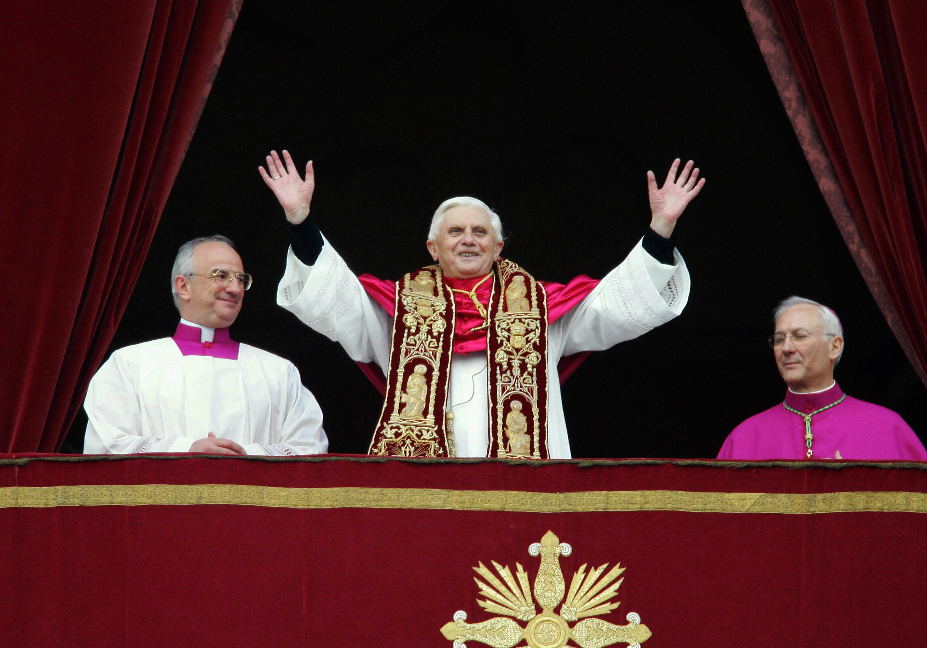 Germany's Josef Ratzinger, Pope Benedict XVI appears at the window of St. Peter's Basilica.  The main balcony of St. Peter's Basilica, Vatican City, April 19, 2005.