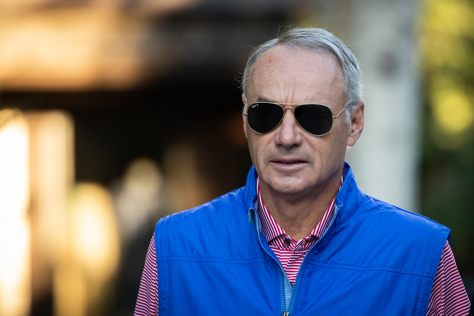 In this July 12, 2019 photo, Rob Manfred, commissioner of Major League Baseball, attends the annual Allen & Company Sun Valley Conference in Sun Valley, Idaho.