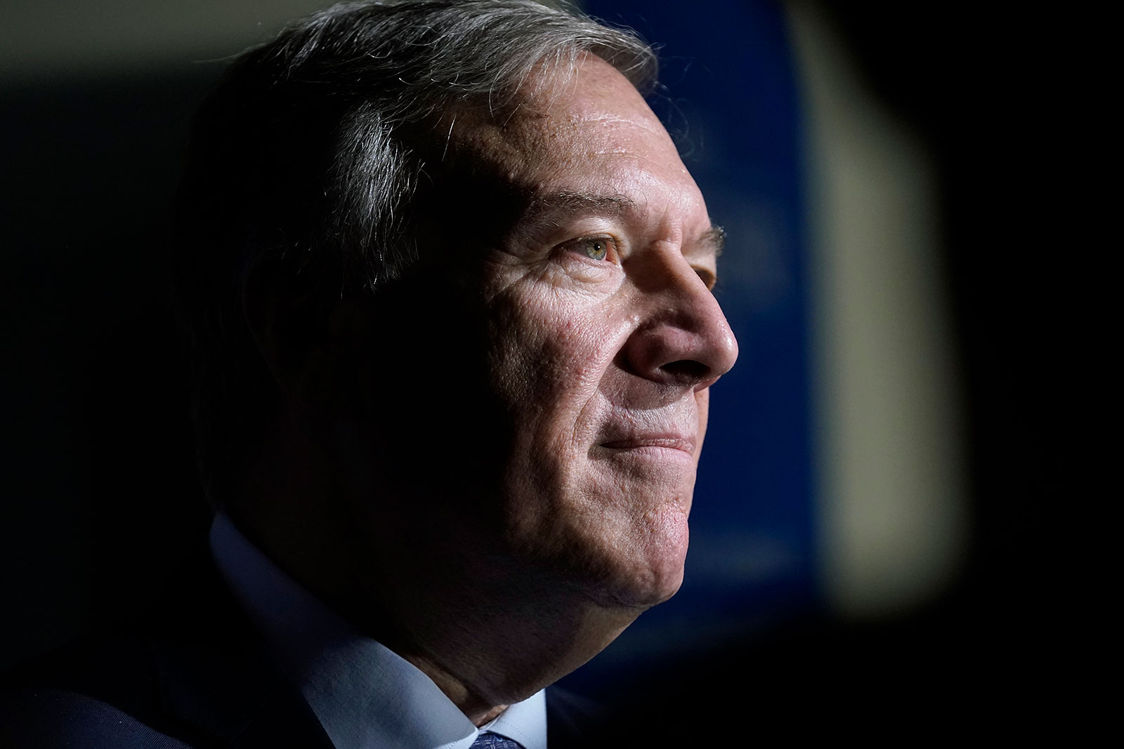 Former Secretary of State Mike Pompeo addresses reporters after a gathering at Saint Anselm College in Manchester, New Hampshire, on September 20. 