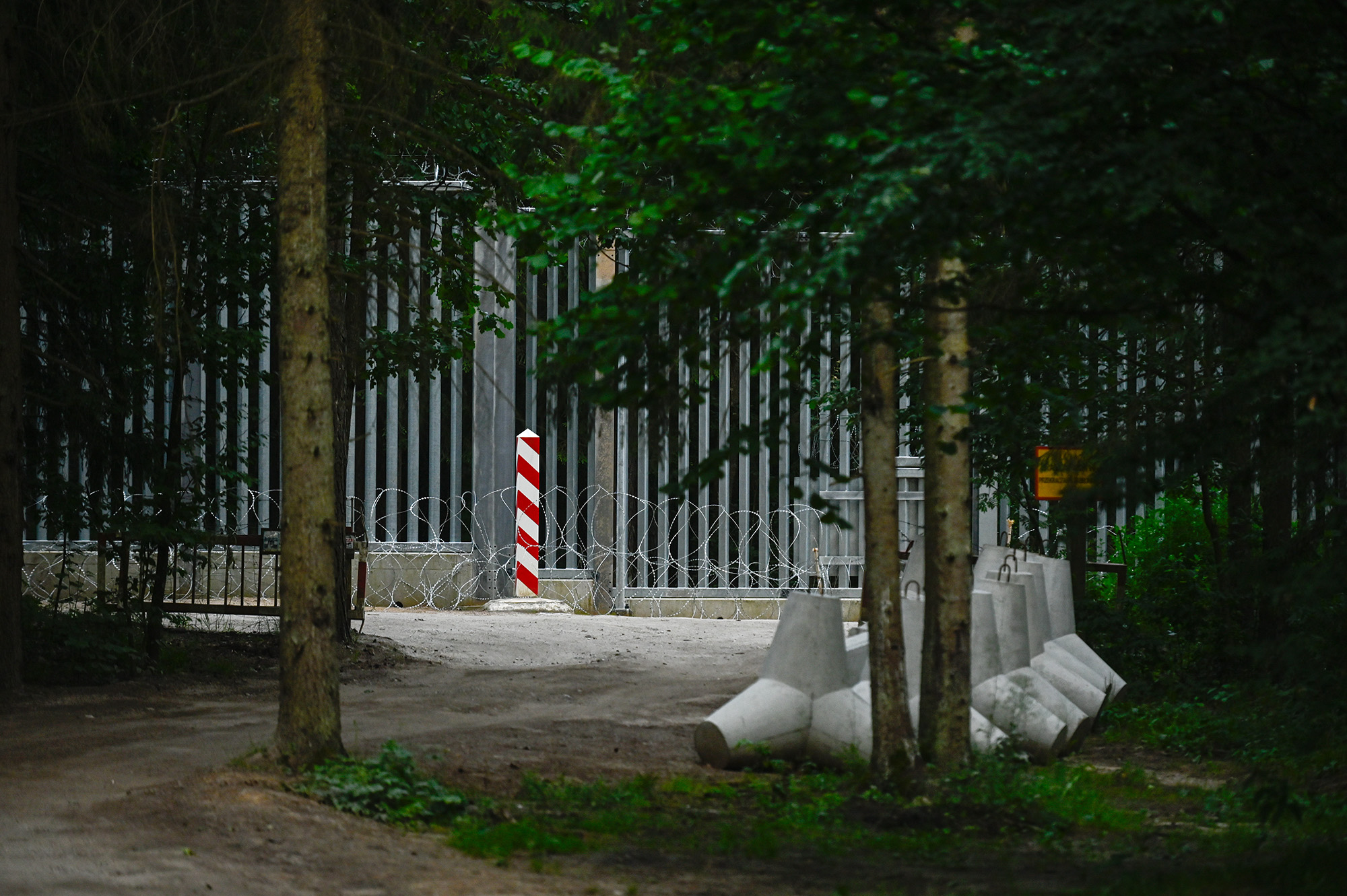 Anti-tank obstacles are pictured by the metal wall constructed at the Polish-Belarussian border on July 8, 2023 in Bialowieza, Poland. 