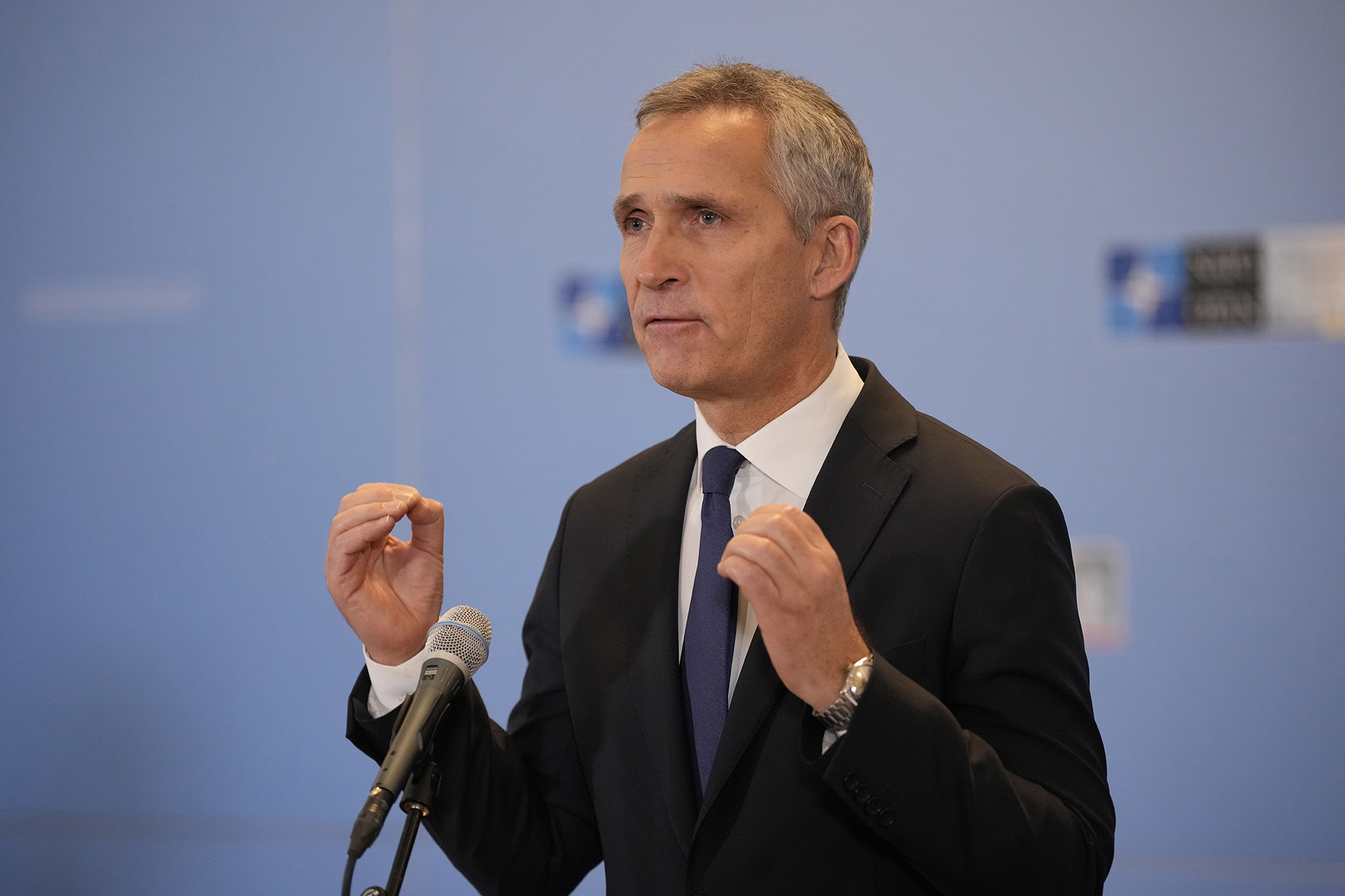 NATO Secretary-General Jens Stoltenberg delivers his speech as he arrives for the first day of the meeting of NATO Ministers of Foreign Affairs in Bucharest, Romania, on November 29.