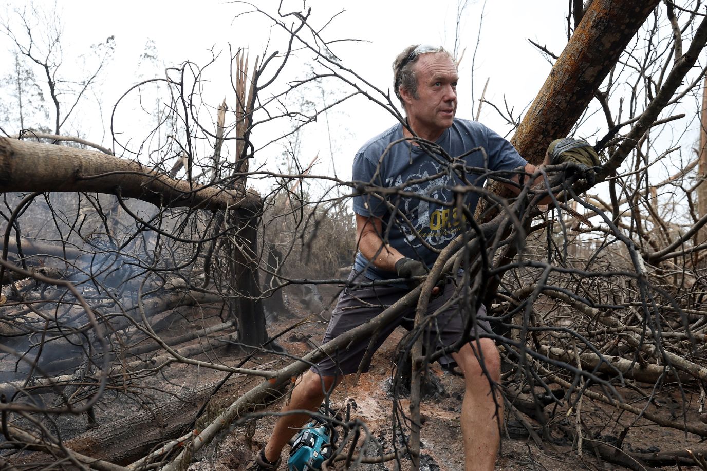 Zoltan Balogh clears away trees that were burned by the wildfire in Kula, Hawaii, on Friday. 