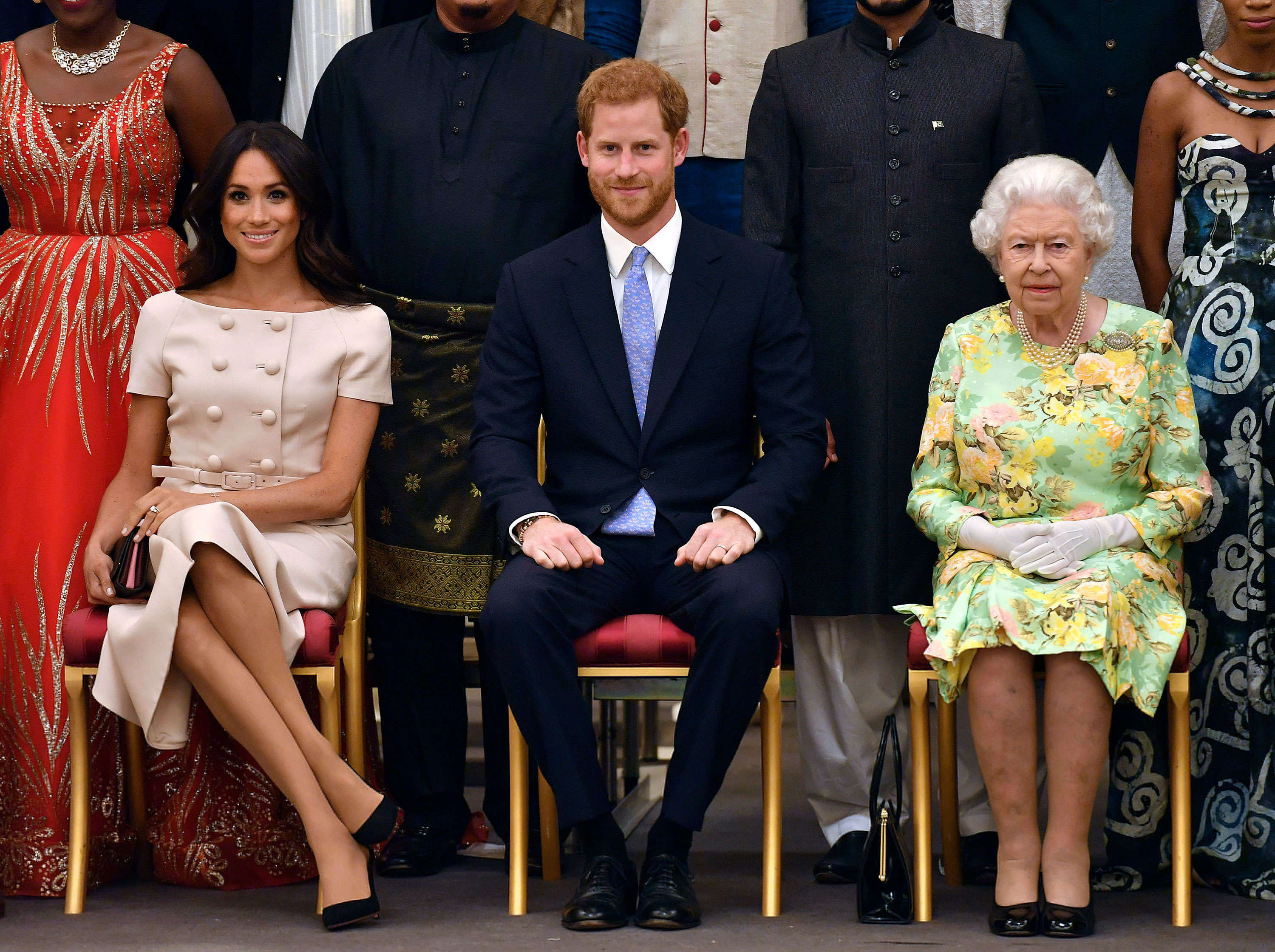 Britain's Queen Elizabeth, Prince Harry and Meghan, Duchess of Sussex pose for a photo in 2018.