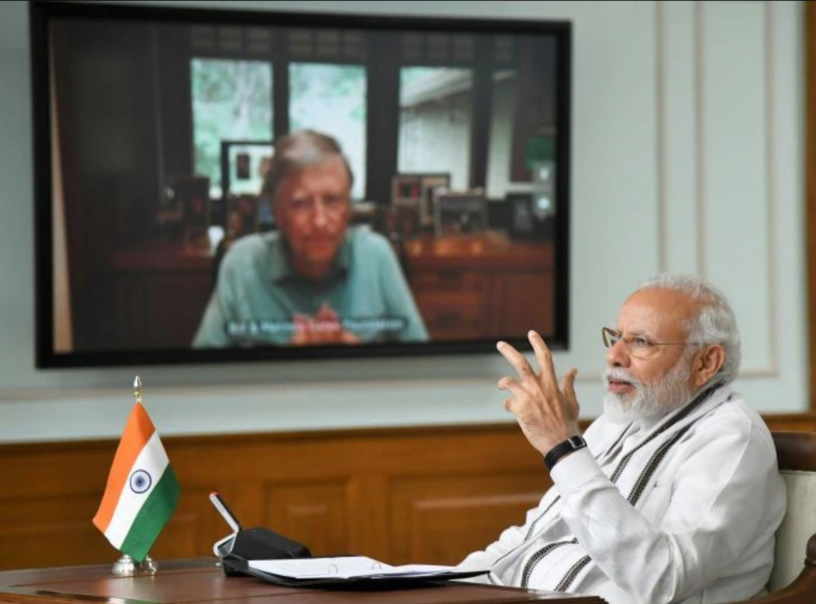 Indian Prime Minister Narendra Modi holds a video conference with Bill Gates.