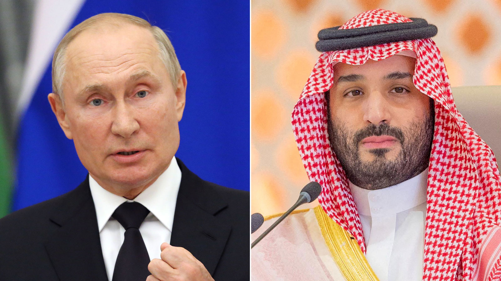 Russian President Vladimir Putin (left) and Crown Prince of Saudi Arabia Mohammed bin Salman. 