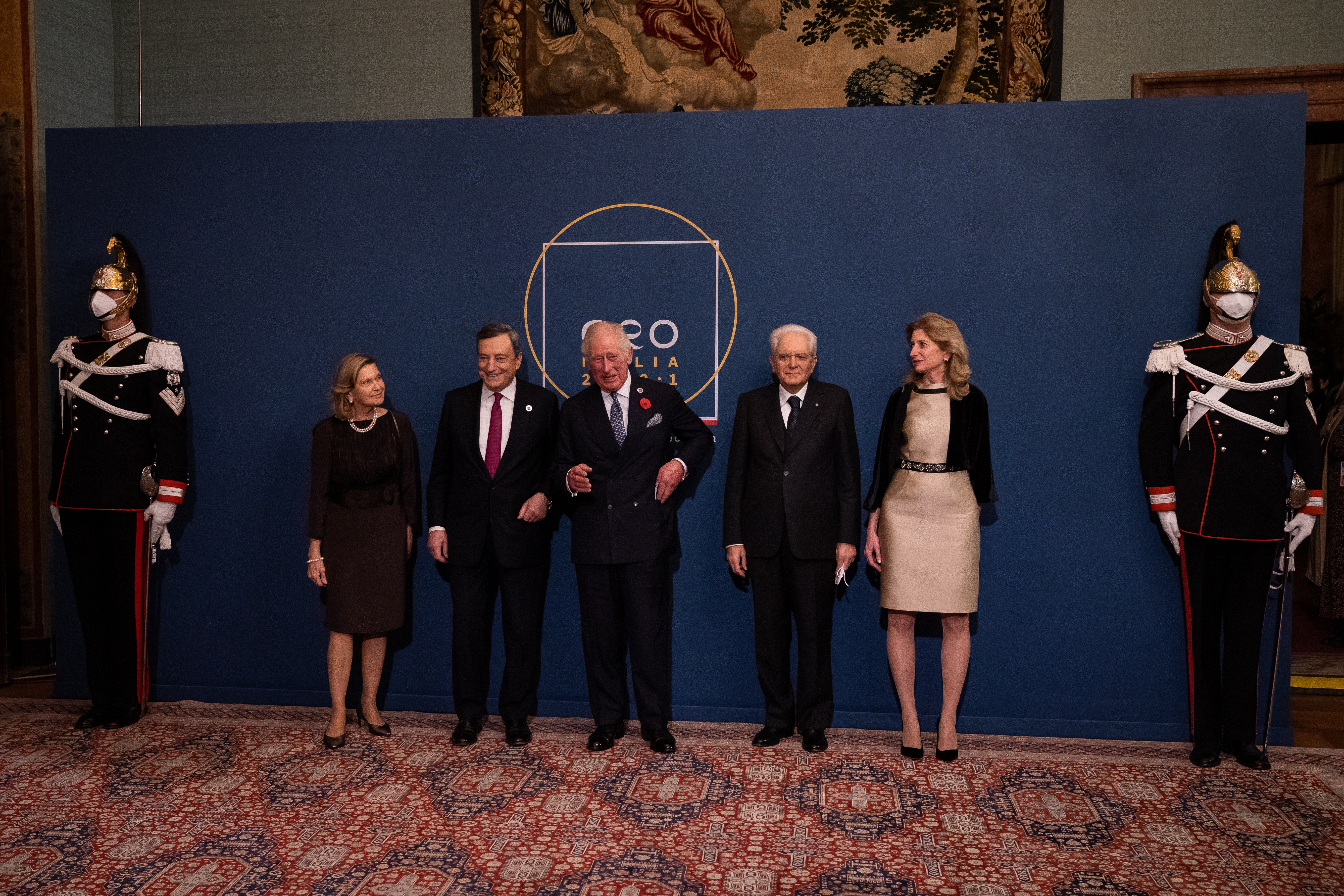 Prince Charles, center, poses with Italian President Sergio Mattarella, second from right, and his daughter, Laura Mattarella, right, and Italian Prime Minister Mario Draghi, second from left, and his wife, Maria Serena Cappello as he attends a reception and dinner at The Quirinale Palace on October 30, 2021 in Rome, Italy. 