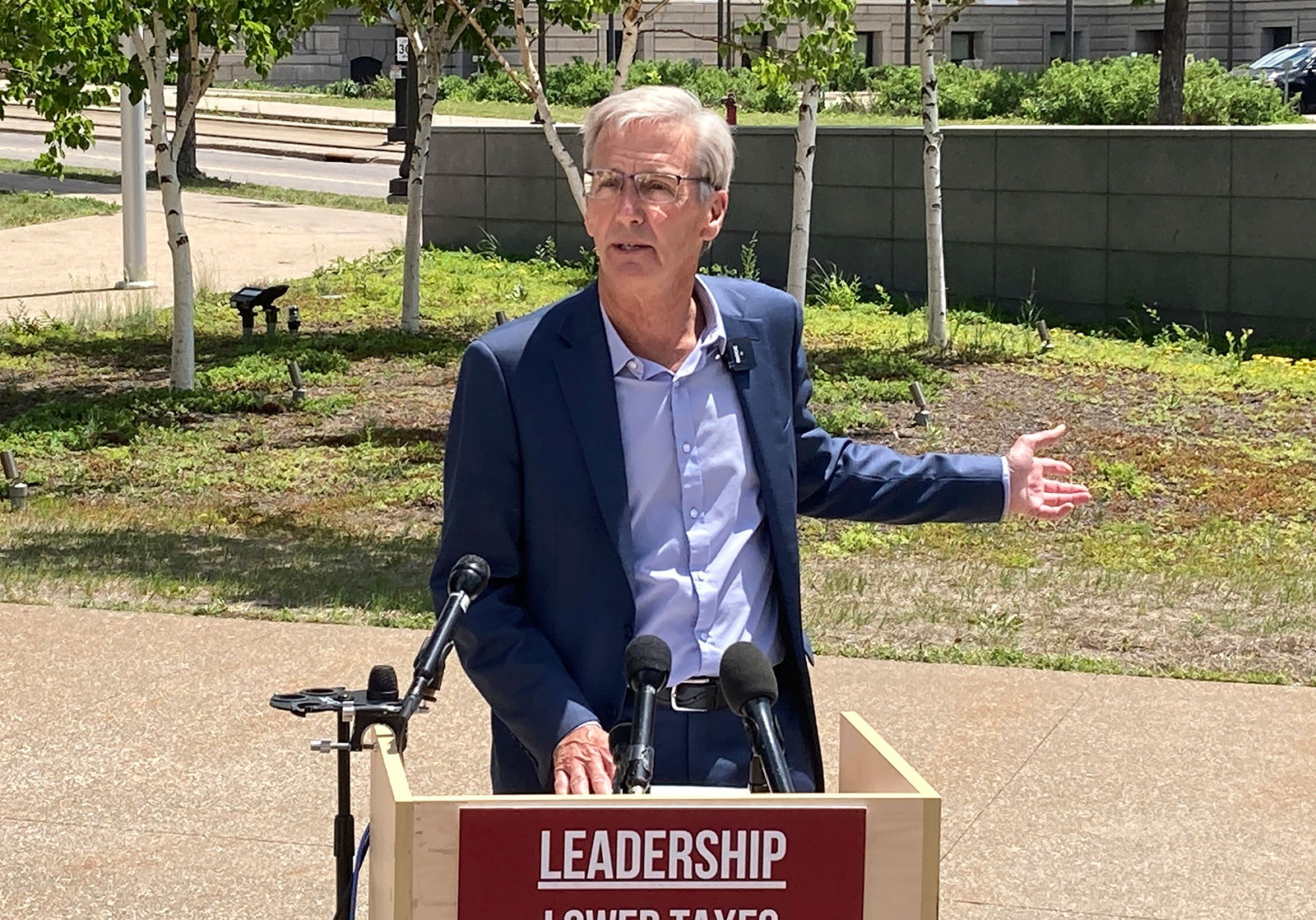 Scott Jensen speaks at a news conference outside the state capitol in St. Paul, Minnesota, on June 9.