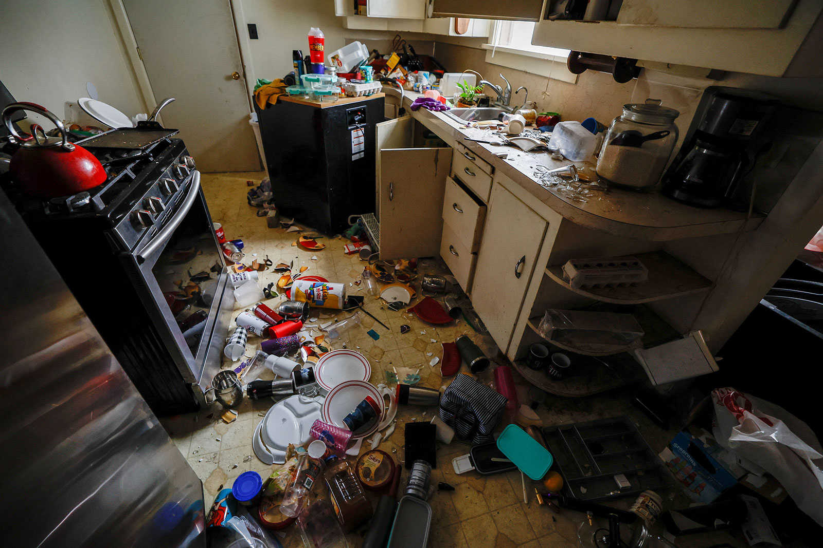 Damage from an earthquake is seen in a kitchen in Rio Dell, California, on December 20.