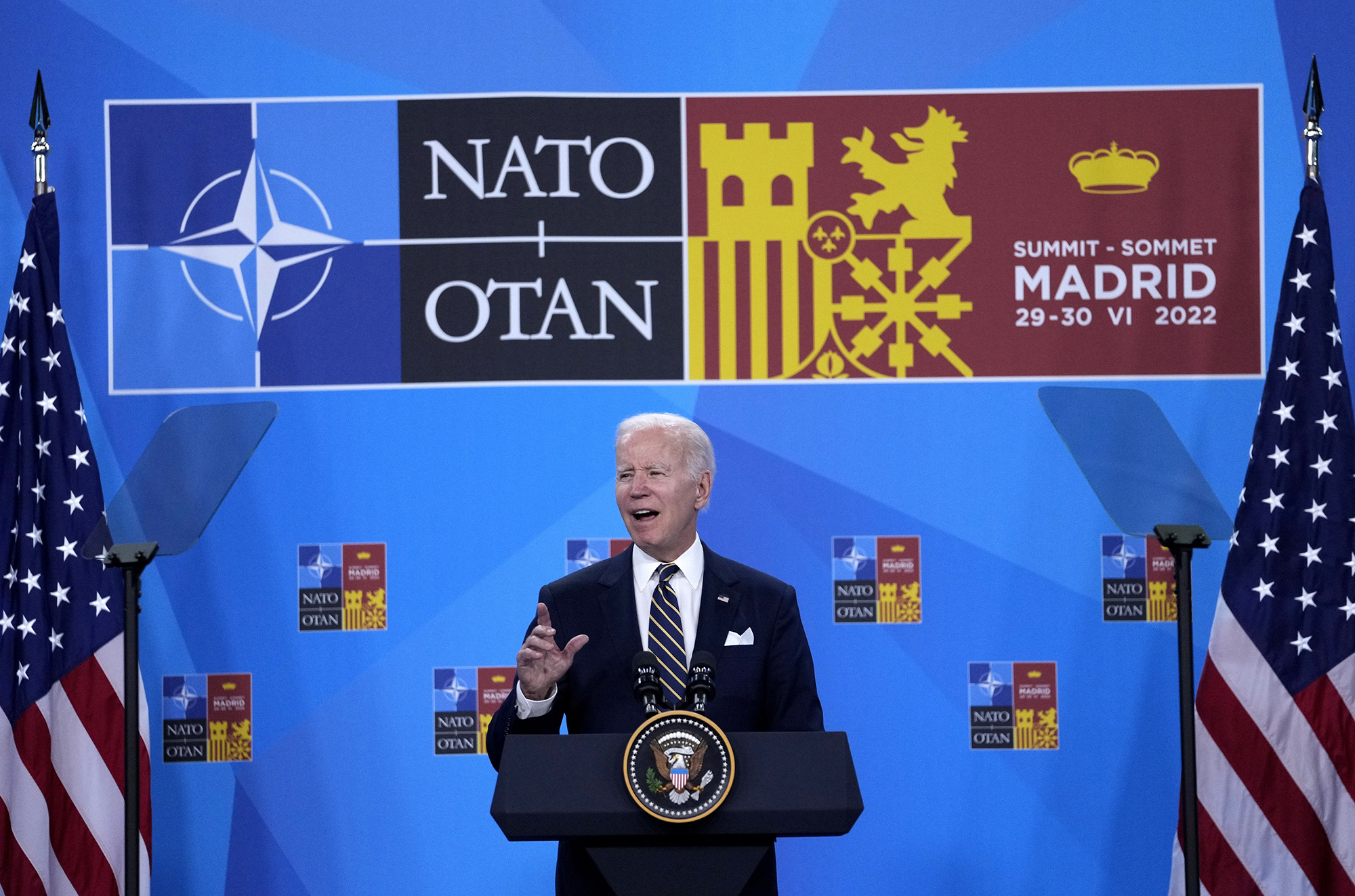 U.S. President Joe Biden speaks during a media conference at the end of a NATO summit in Madrid, Spain, ON June 30.