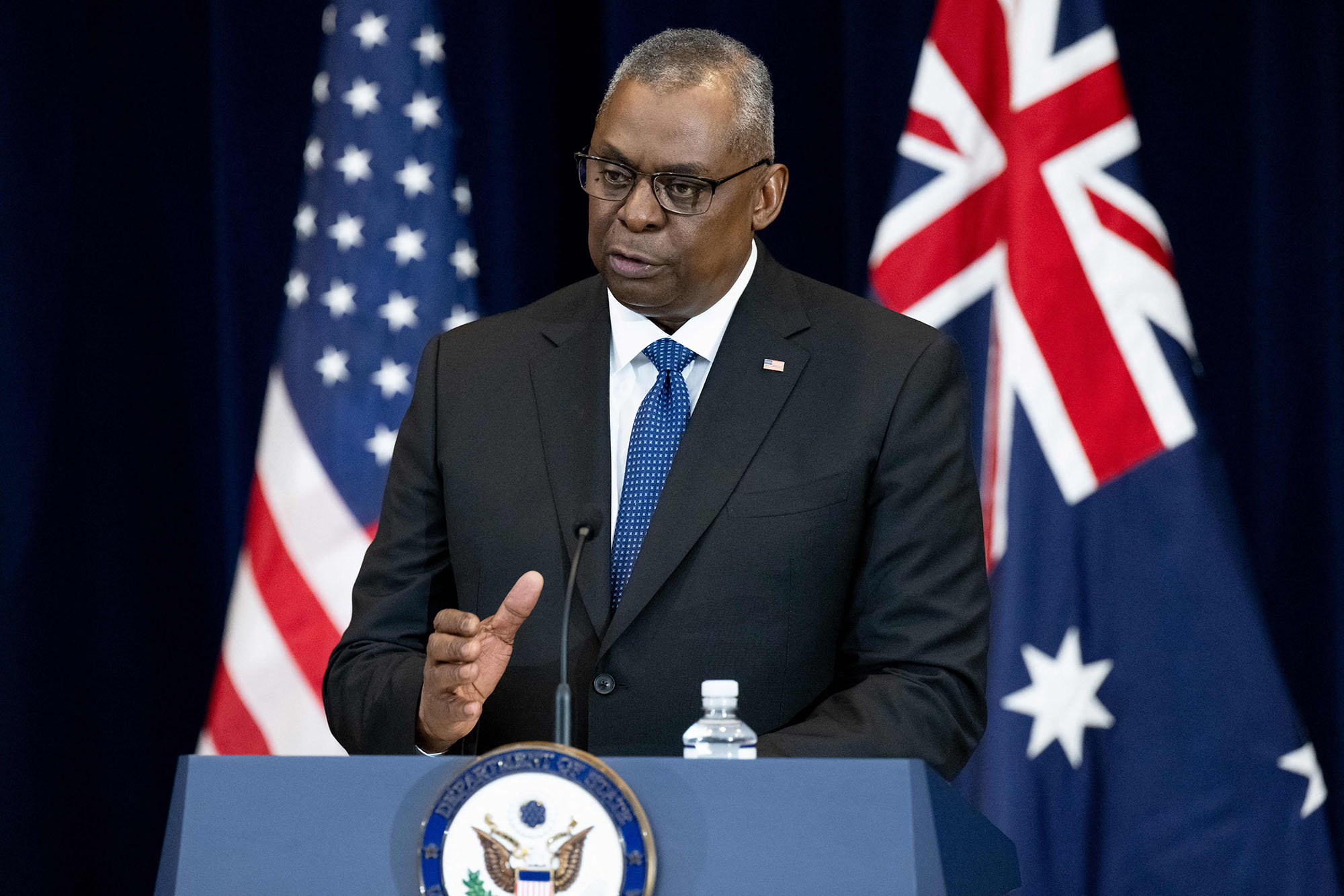 US Secretary of Defense Lloyd Austin speaks at a press conference during the 32nd annual Australia - US Ministerial (AUSMIN) consultations at the State Department in Washington D.C, on December 6.
