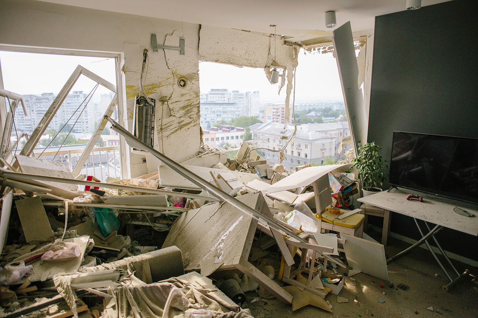 An apartment is being damaged by an airstrike in Kharkiv, Ukraine, on May 14.