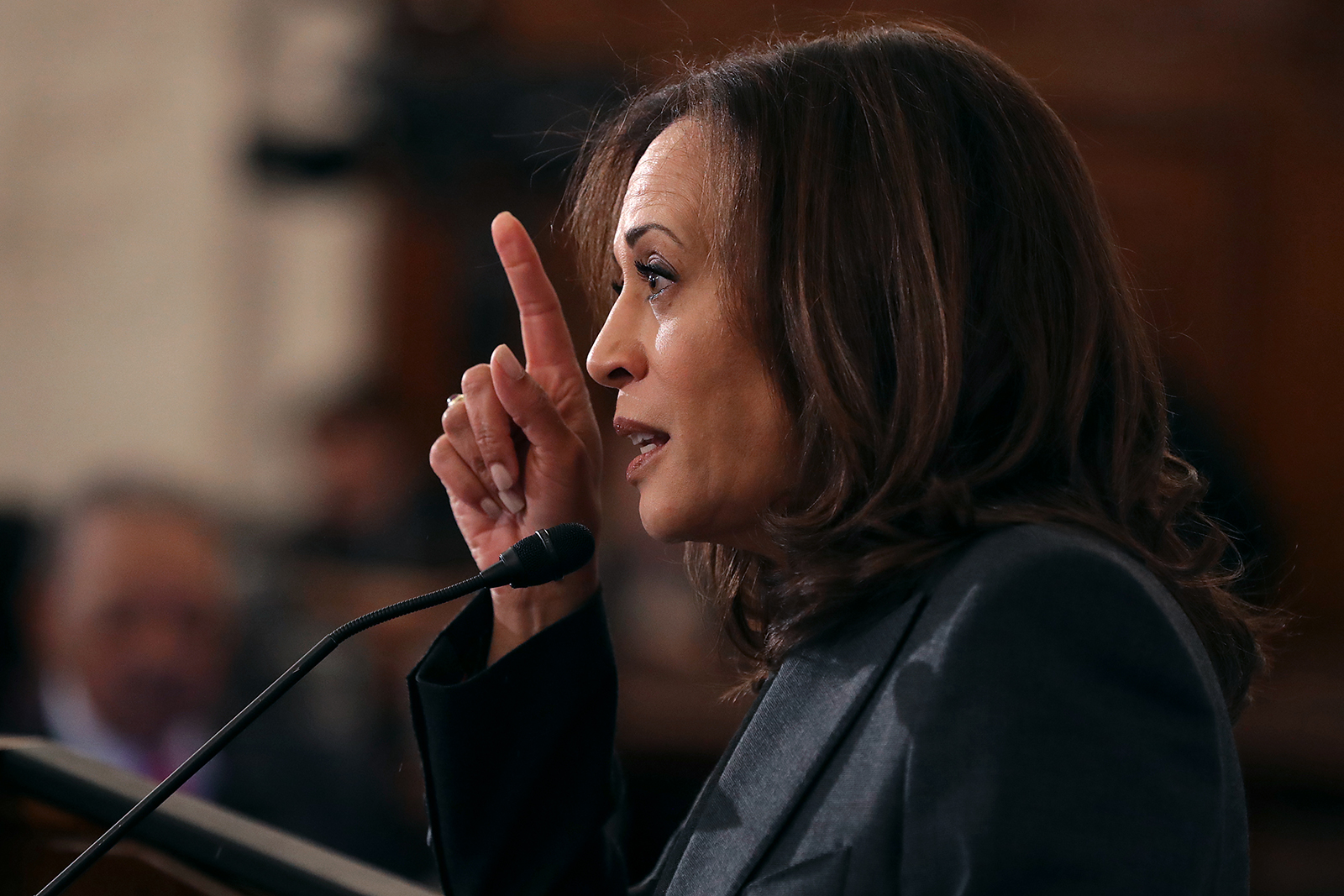 Sen. Kamala Harris addresses a post-midterm election meeting of Rev. Al Sharpton's National Action Network in the Kennedy Caucus Room at the Russell Senate Office Building on Capitol Hill November 13, 2018 in Washington, DC. 