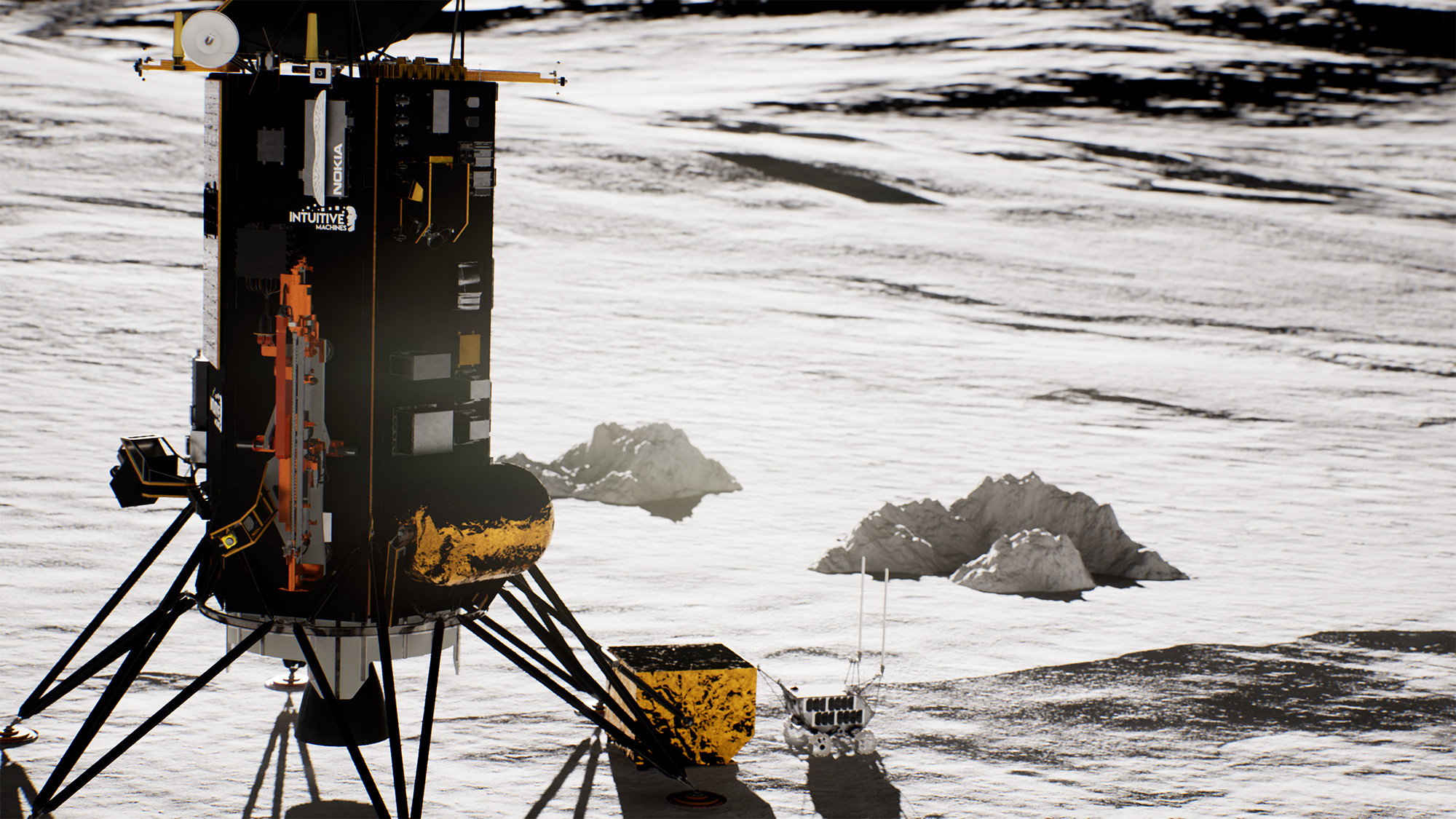 A rendering shows Intuitive Machines IM-1 Nova-C lunar lander on the rocky moon landscape. 