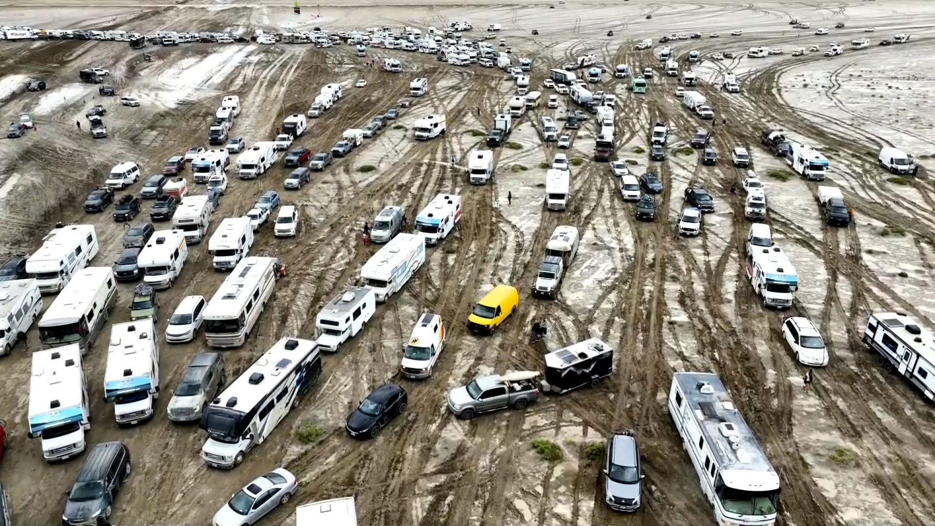 A still from a drone video shows vehicles trying to leave the Burning Man festival on Sunday, September 3.
