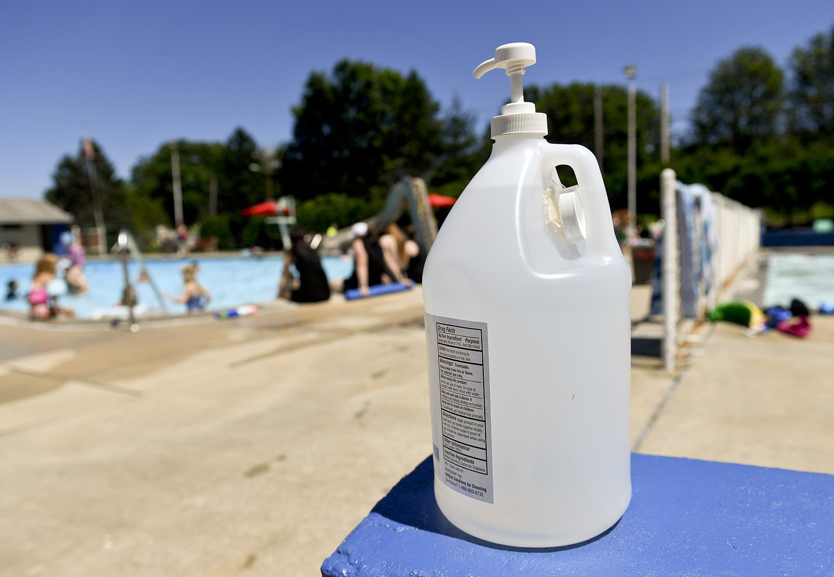 A large bottle of hand sanitizer near a pool in Spring Township, Pennsylvania, on June 13. 