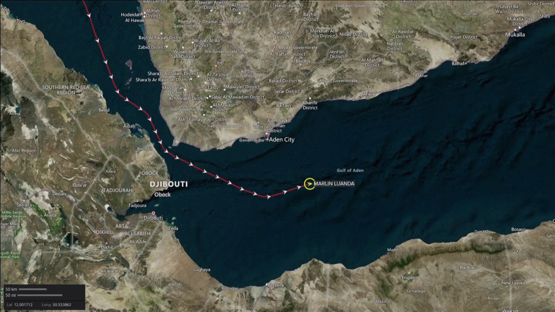 Video shows satellite tracking of the oil tanker Marlin Luanda over the past 48 hours leading up to the Houthi missile attack in the Gulf of Aden.