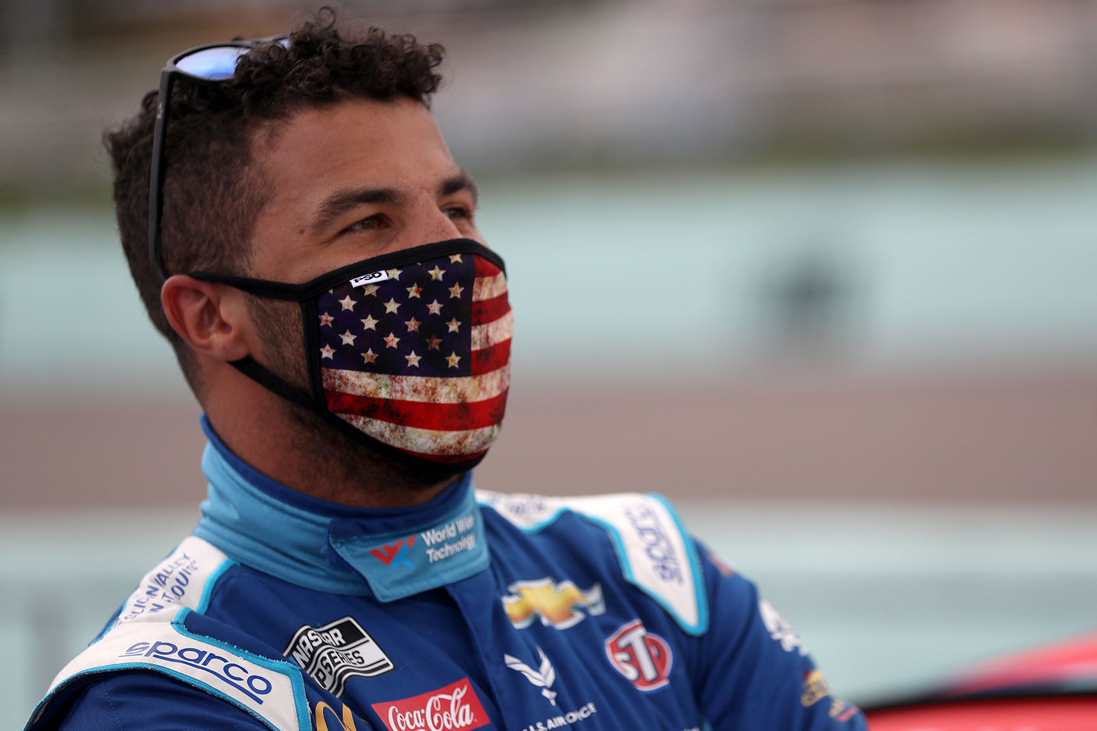 Bubba Wallace, driver of the #43 World Wide Technology Chevrolet, stands on the grid prior to the NASCAR Cup Series Dixie Vodka 400 at Homestead-Miami Speedway on June 14, in Homestead, Florida. 