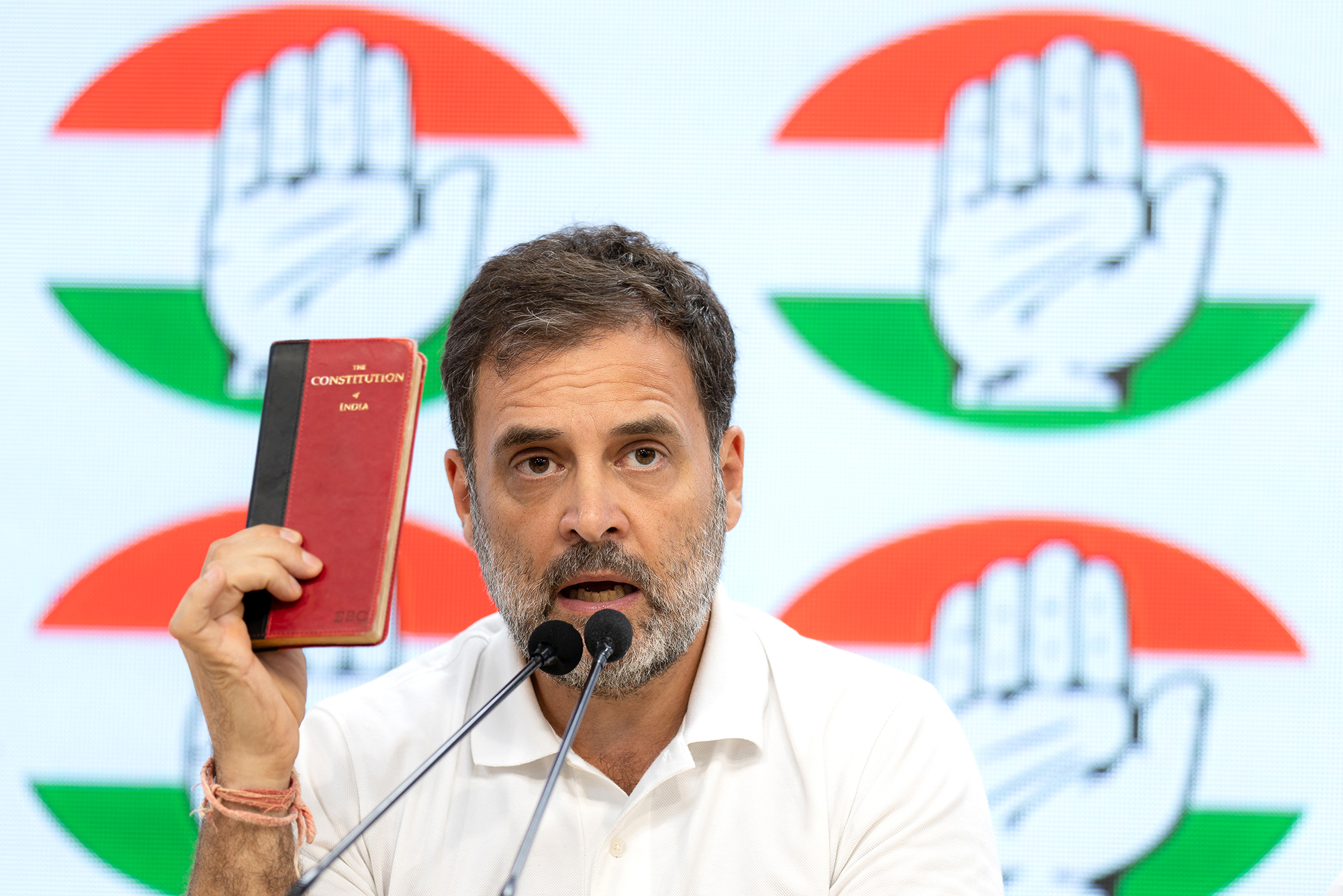 Rahul Gandhi, India's opposition leader, speaks during a news conference at the Indian National Congress headquarters during election results night in New Delhi, India, on June 4.