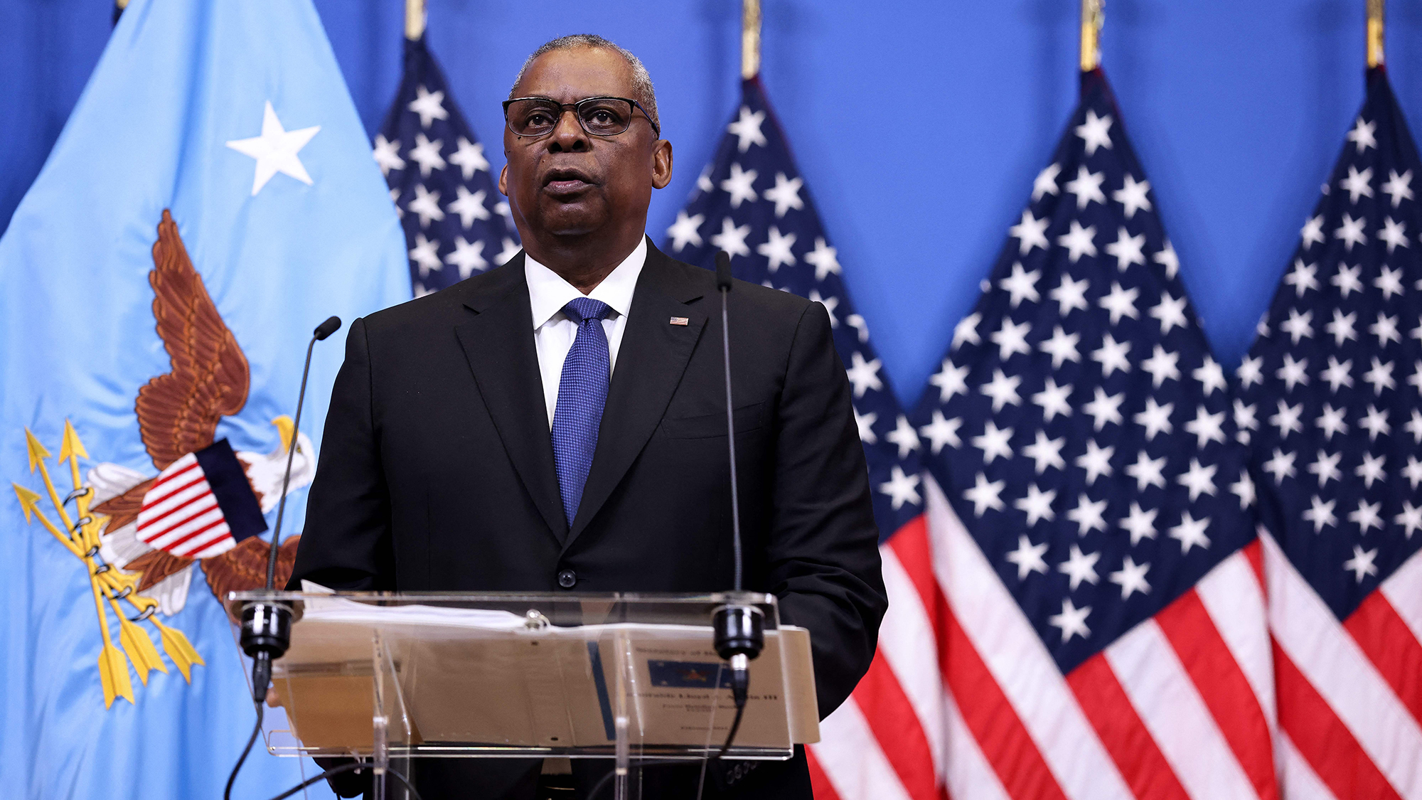 US Secretary of Defense Lloyd Austin speaks during a press conference after a meeting of the Ukraine Defense Contact Group during a two-day meeting of the alliance's Defence Ministers at the NATO Headquarters in Brussels on February 14.
