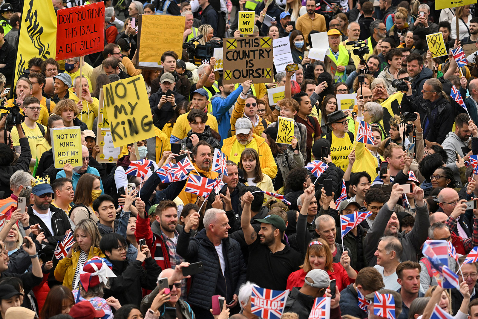 Anti-monarchy protesters hold up placards saying "Not My King" as they demonstrate in Trafalgar Square in London on May 6.