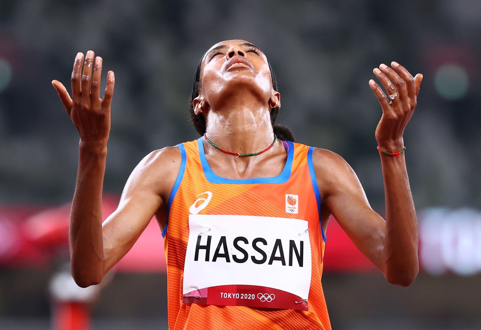 Dutch runner Sifan Hassan celebrates after winning her 1,500-meter heat on Monday.