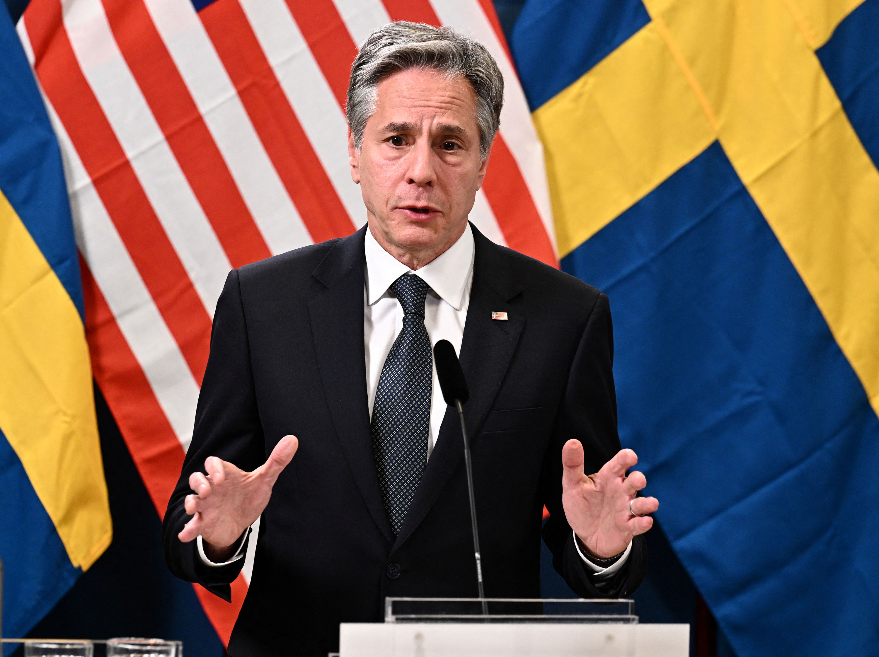 Secretary of State Antony Blinken speaks during a press conference with Sweden's Prime Minister Ulf Kristersson in Lulea, Sweden, on Tuesday.