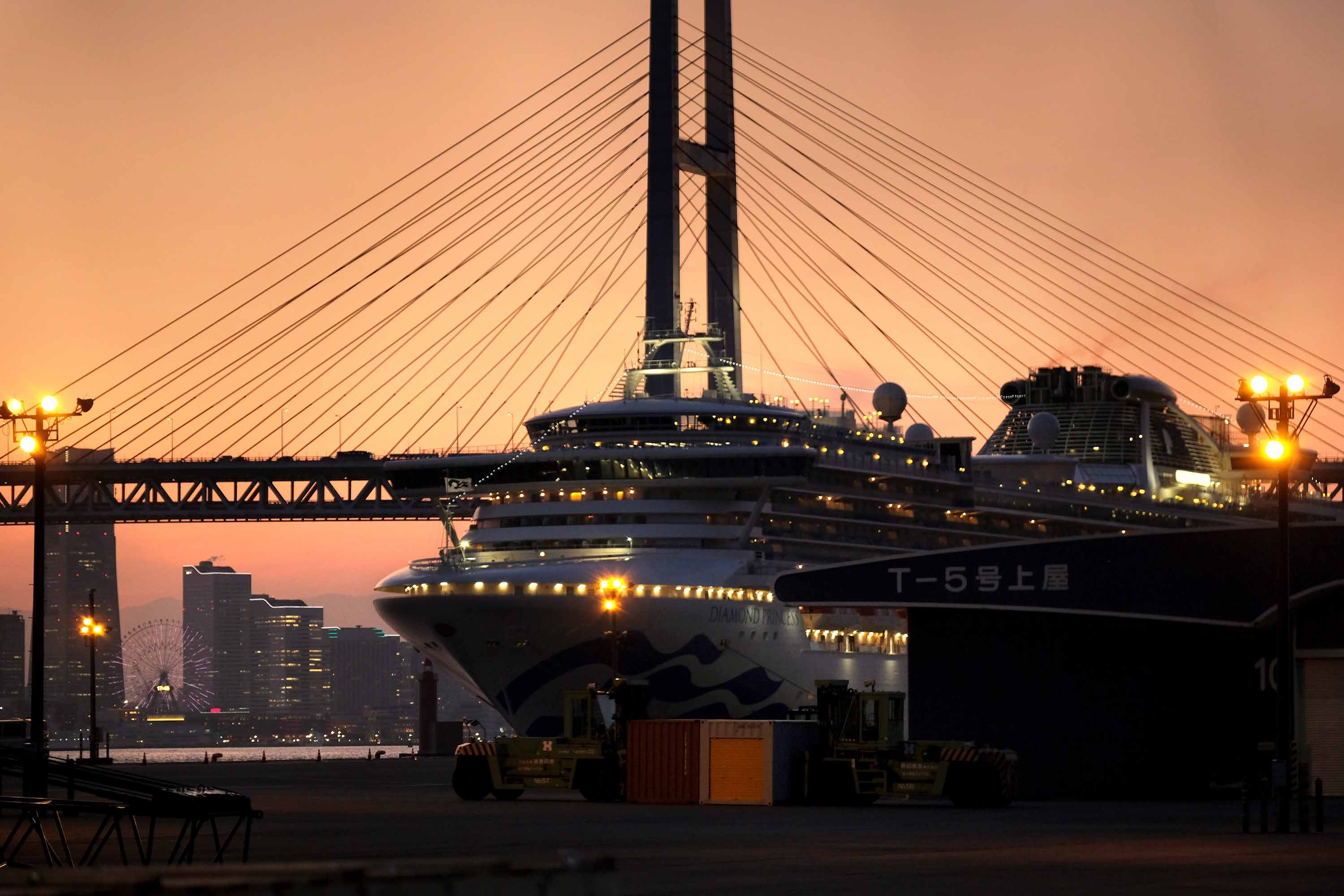 A general view shows the quarantined Diamond Princess cruise ship at Daikoku pier cruise terminal in Yokohama, Japan on Monday.