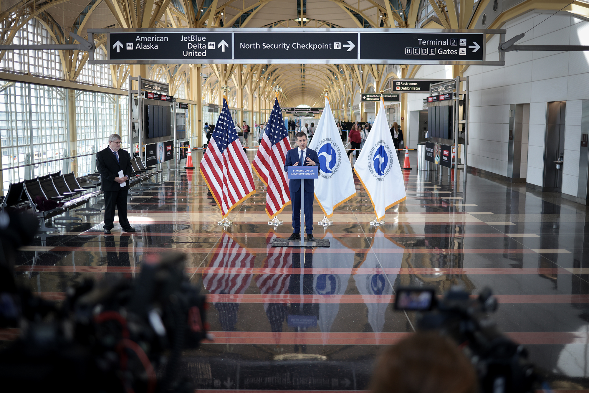 U.S. Transportation Secretary Pete Buttigieg speaks during a news conference at Washington National Airport today in Arlington, Virginia.