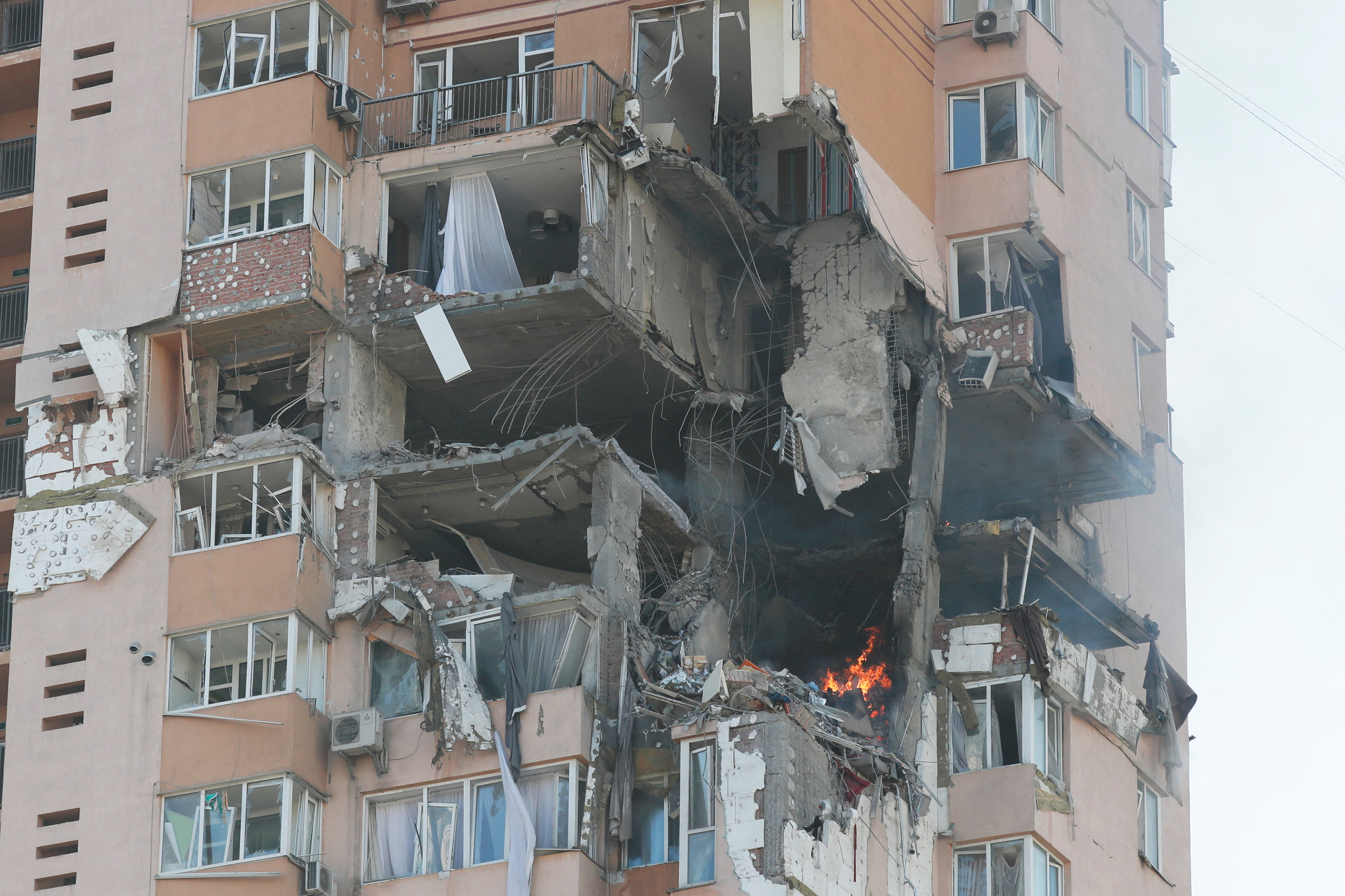 An apartment building damaged by recent shelling in Kyiv, Ukraine February 26.