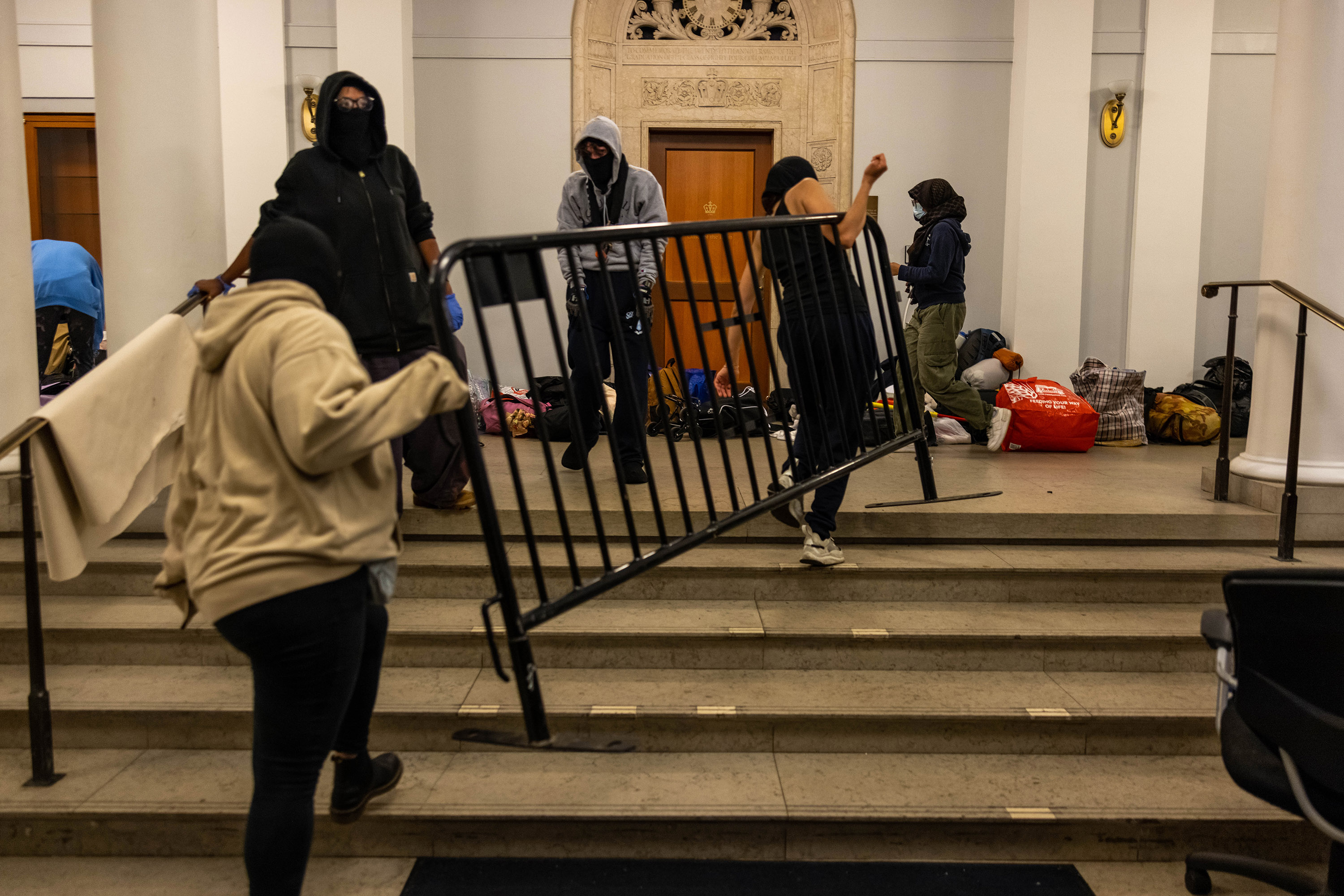 Demonstrators supporting Palestinians in Gaza barricade themselves inside Columbia University's Hamilton Hall in New York City, on April 30. 