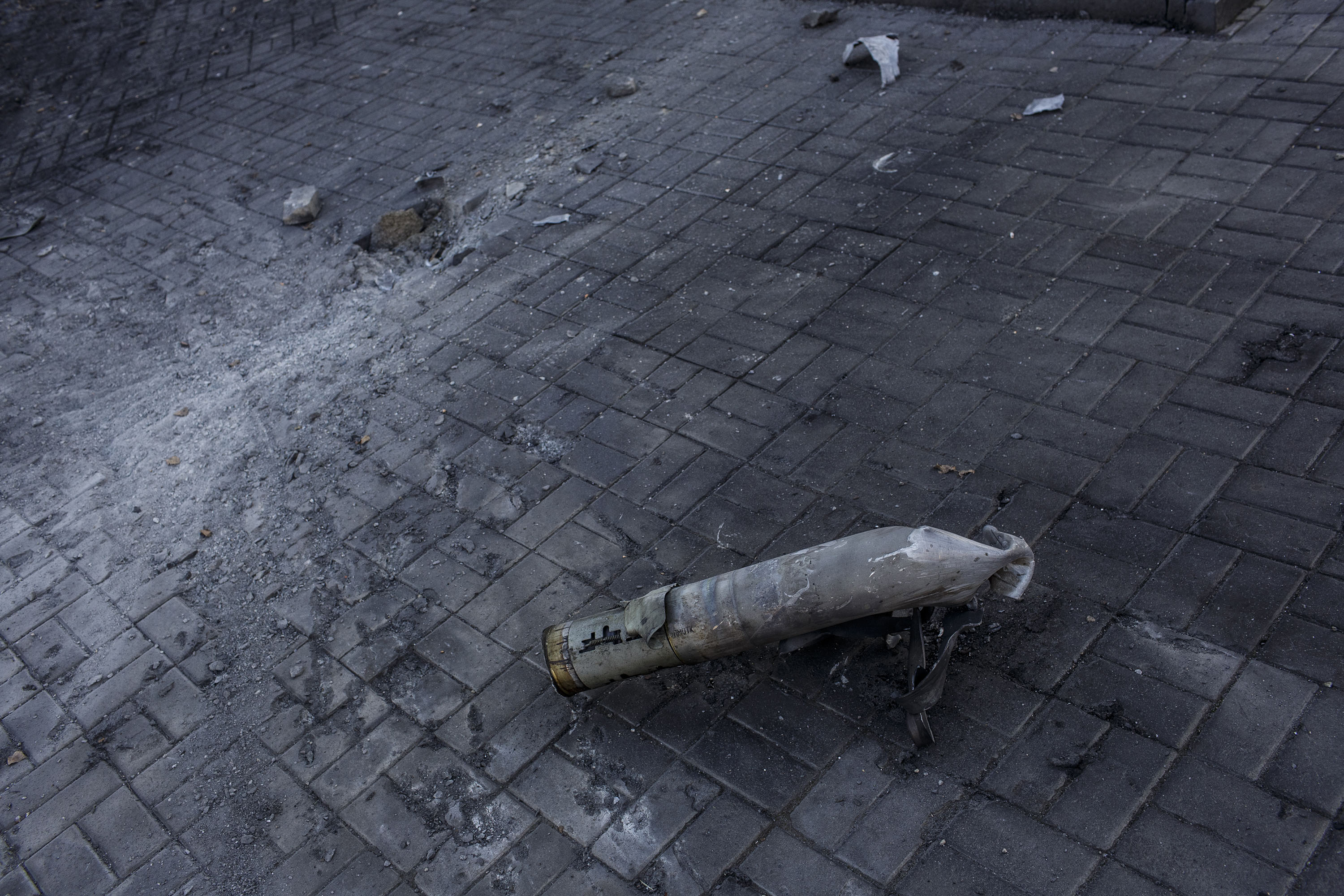 A fragment of a rocket is seen after Russian shelling in Bakhmut, Ukraine on February 10.
