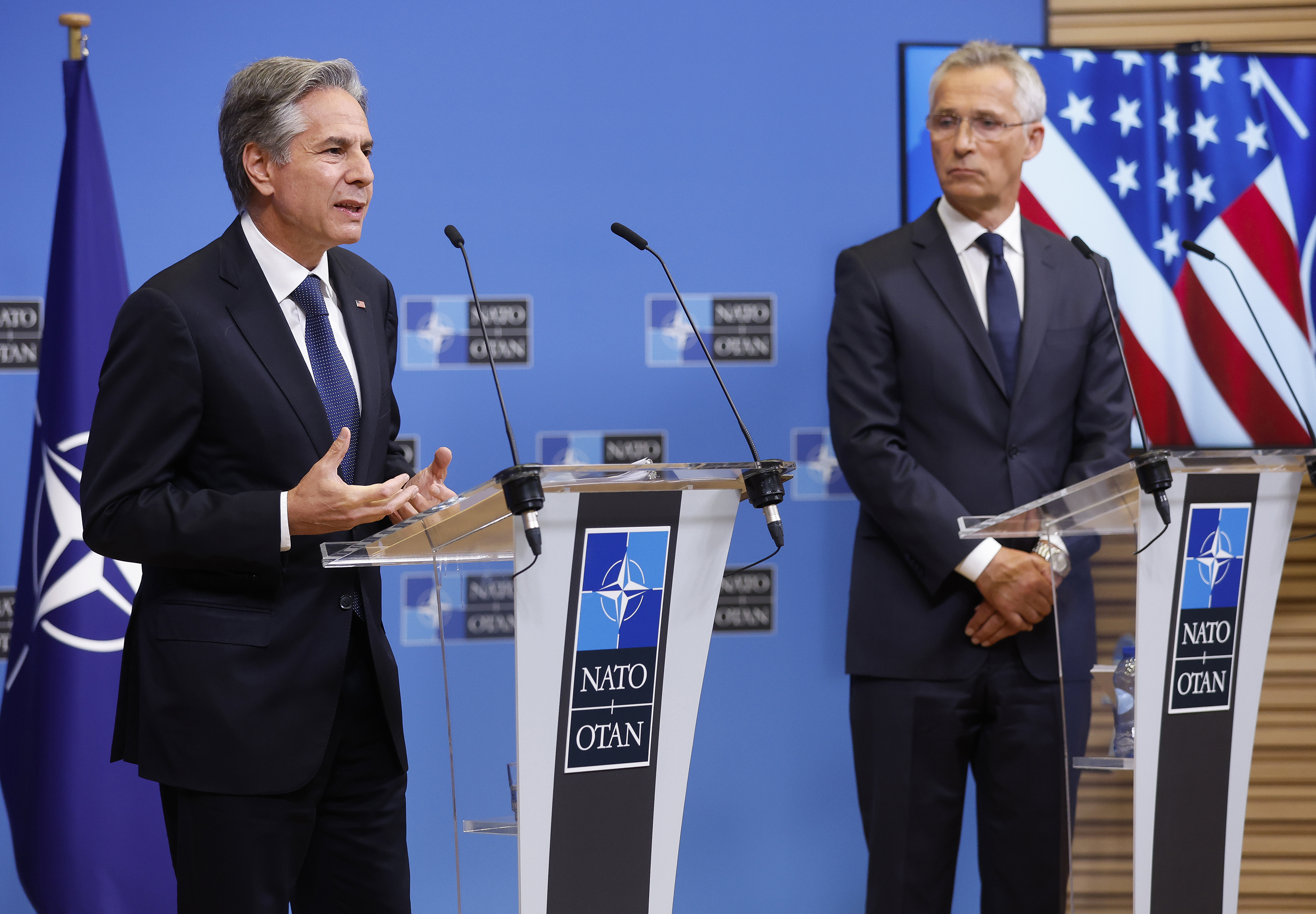 US Secretary of State Antony Blinken, left, and NATO Secretary General Jens Stoltenberg participate in a media conference after a meeting of NATO ambassadors at NATO headquarters in Brussels, Friday, on September 9.