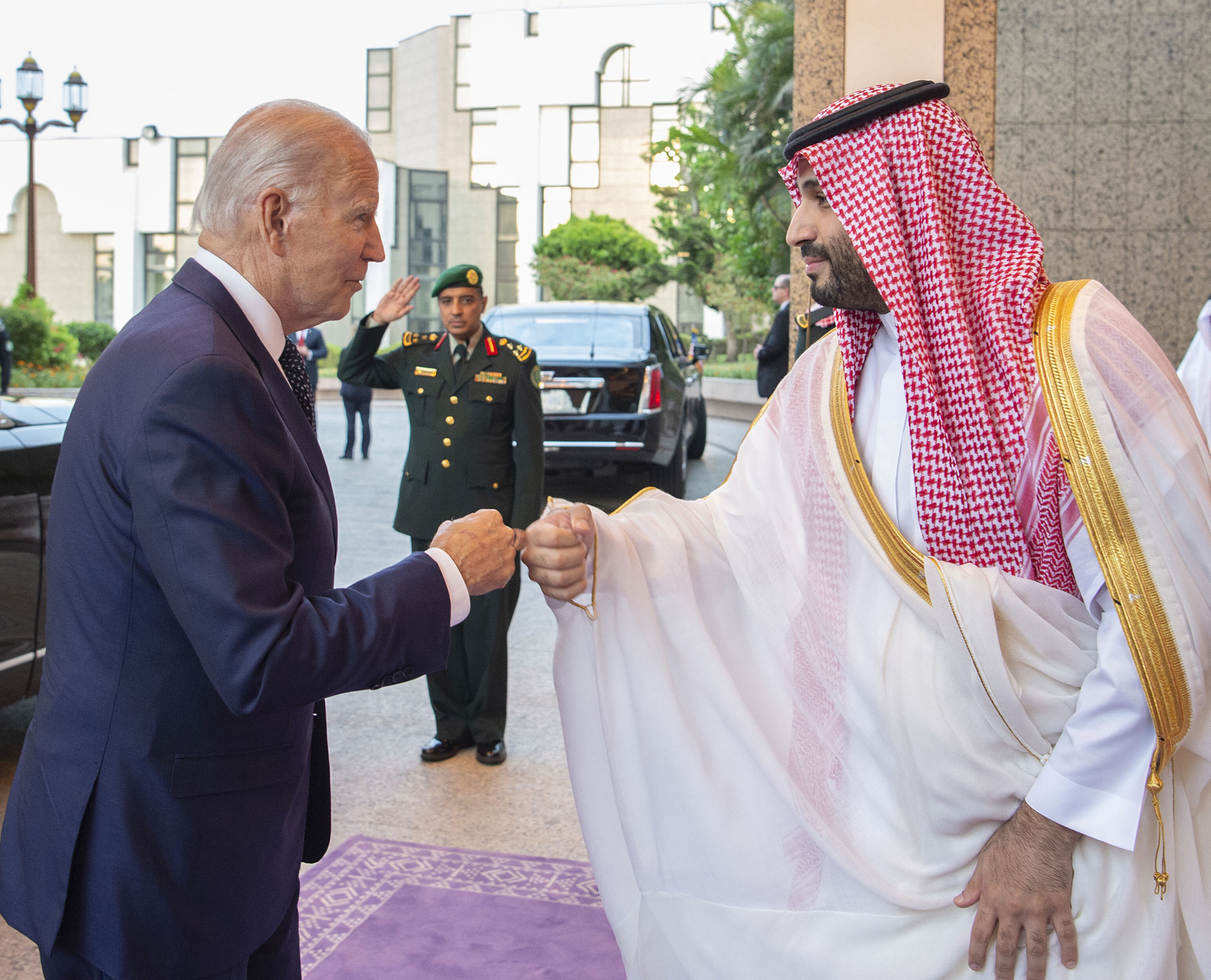 US President Joe Biden, left, being welcomed by Saudi Arabian Crown Prince Mohammed bin Salman at Alsalam Royal Palace in Jeddah, Saudi Arabia, on July 15.