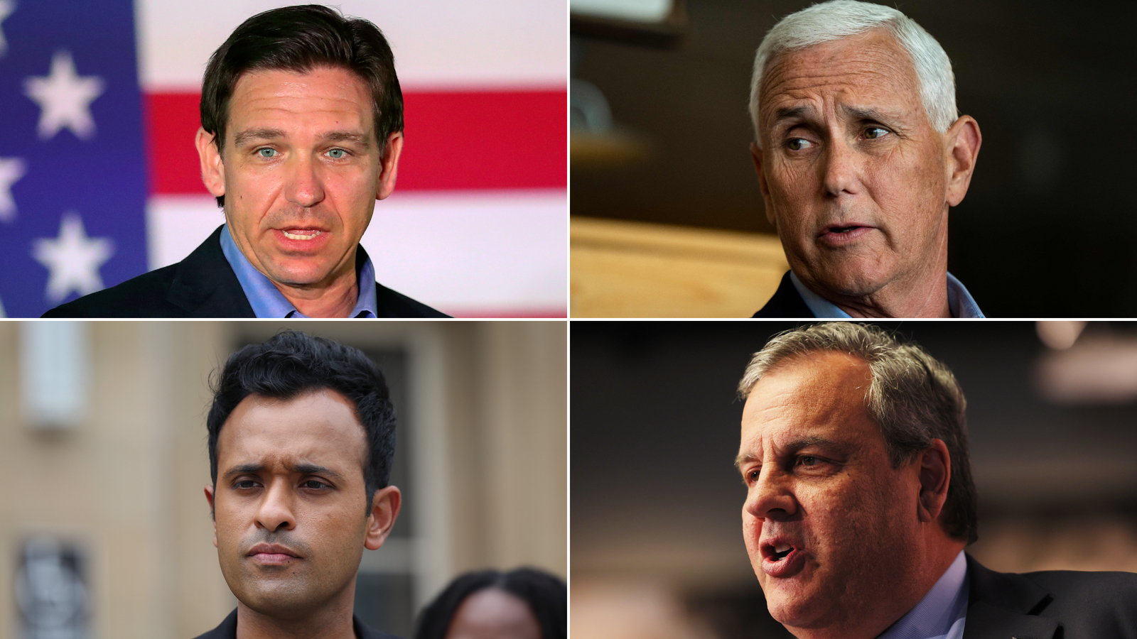 Clockwise, from top left: Florida Gov. Ron DeSantis, former Vice President Mike Pence, former New Jersey Gov. Chris Christie and Republican presidential candidate Vivek Ramaswamy