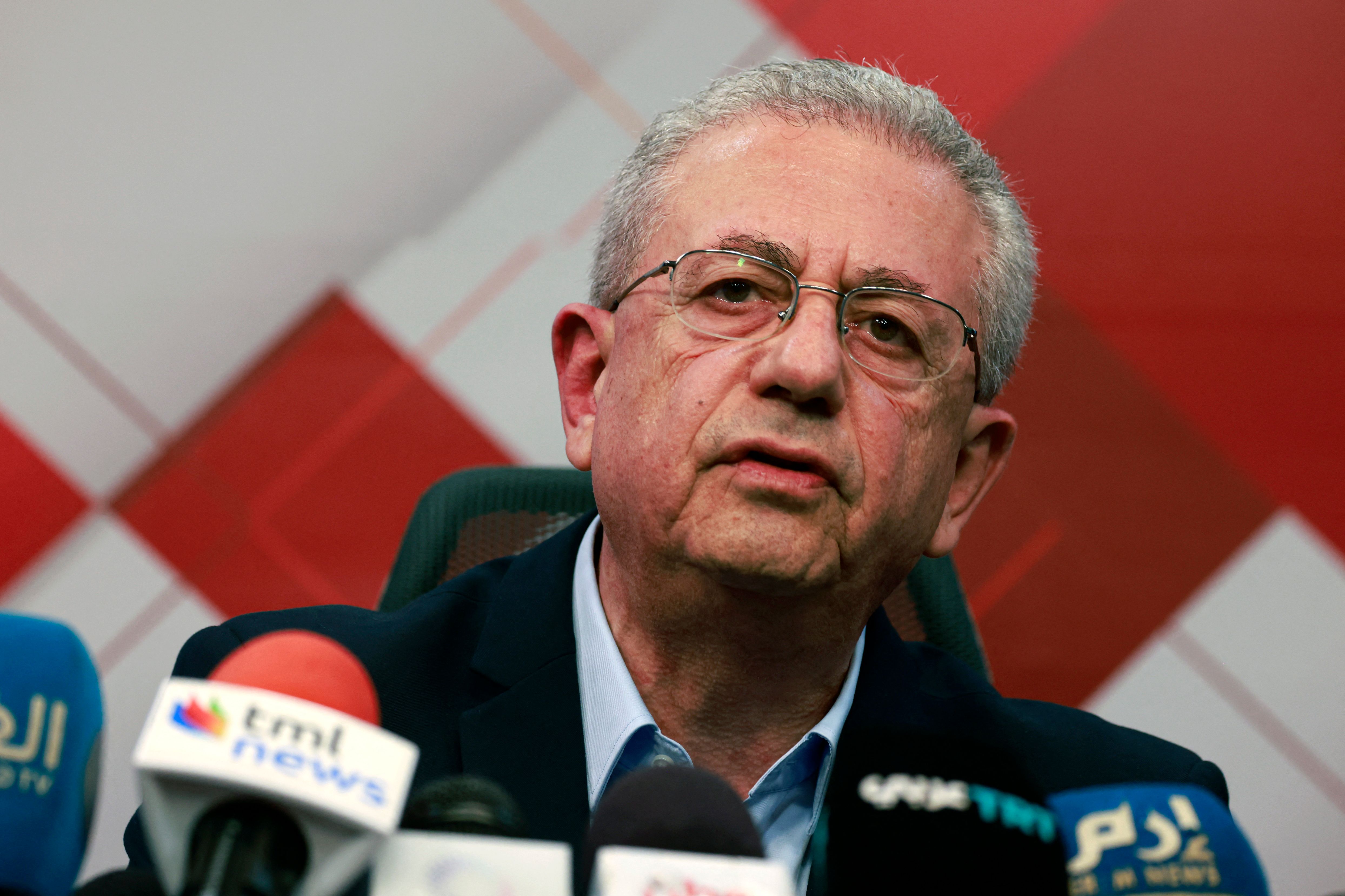 Mustafa Barghouti, leader of the Palestinian National Initiative, speaks during a press conference in Ramallah, West Bank, on October 15.