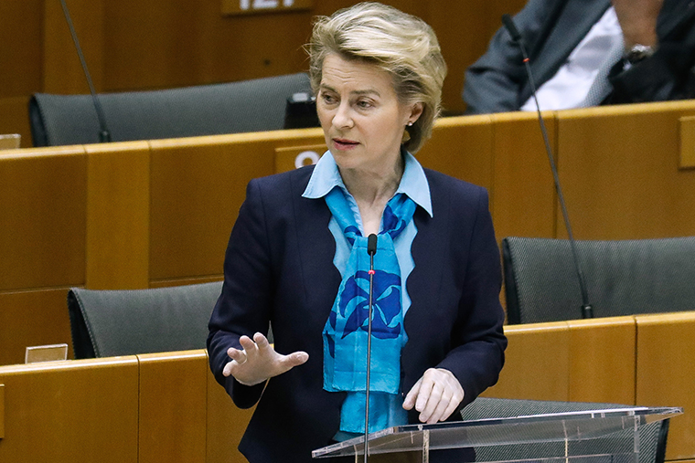 European Commission President Ursula von der Leyen speaks during a plenary session of the European Parliament in Brussels on Wednesday, May 13.