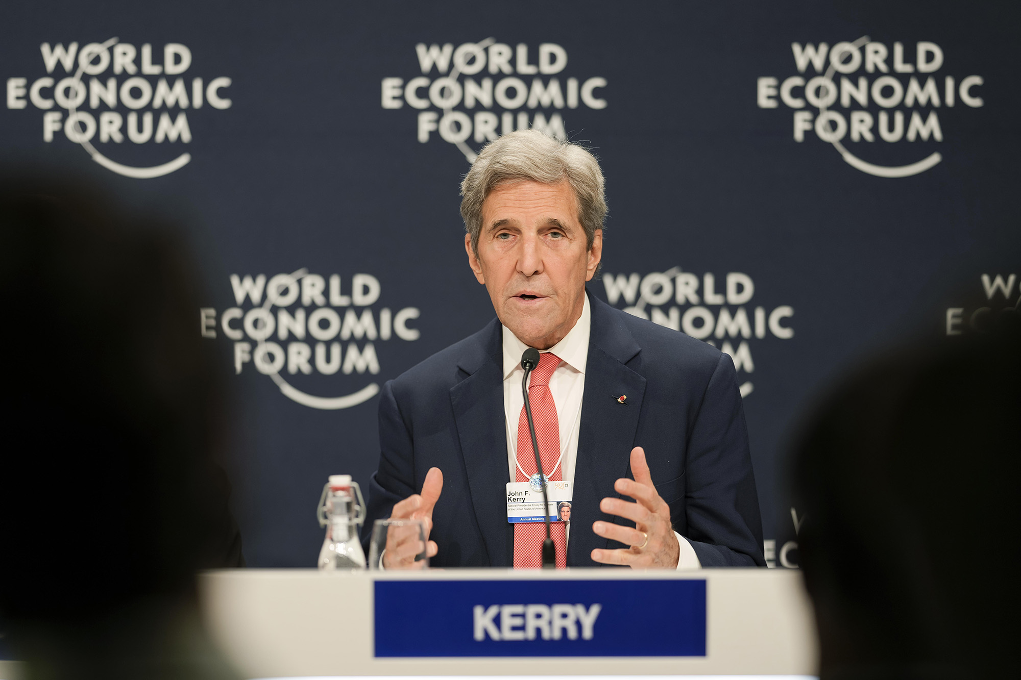 John F. Kerry, Special Presidential Envoy for Climate of the United States, speaks during a news conference at the World Economic Forum in Davos, Switzerland, on May 24.
